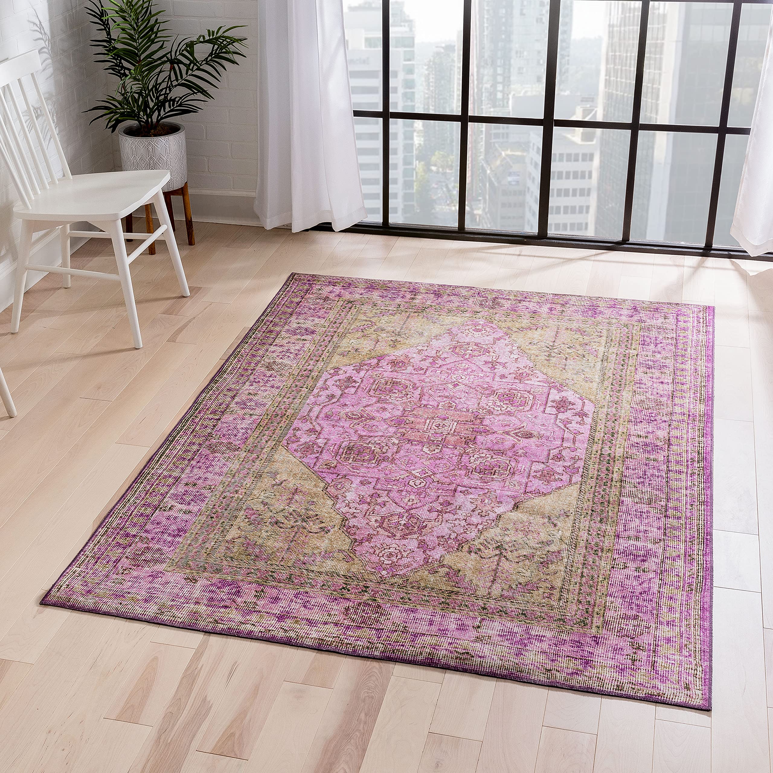 Well Woven Overdyed Helode Machine Washable Pink Vintage Oriental Medallion Area Rug 5' x 7' - Soft Boho Chic Rug for Living Room, Bedroom & Dorm Decor