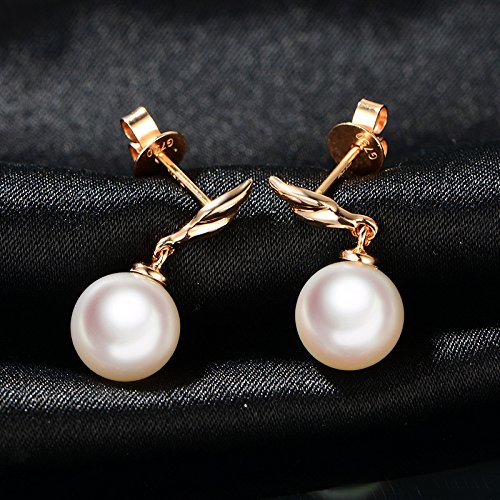 14k Rose Gold Akoya Cultured Freshwater Pearl Stud Earrings for Women - 8mm Round Dangle Drop Earrings - Perfect for Weddings, Parties & Everyday Elegance