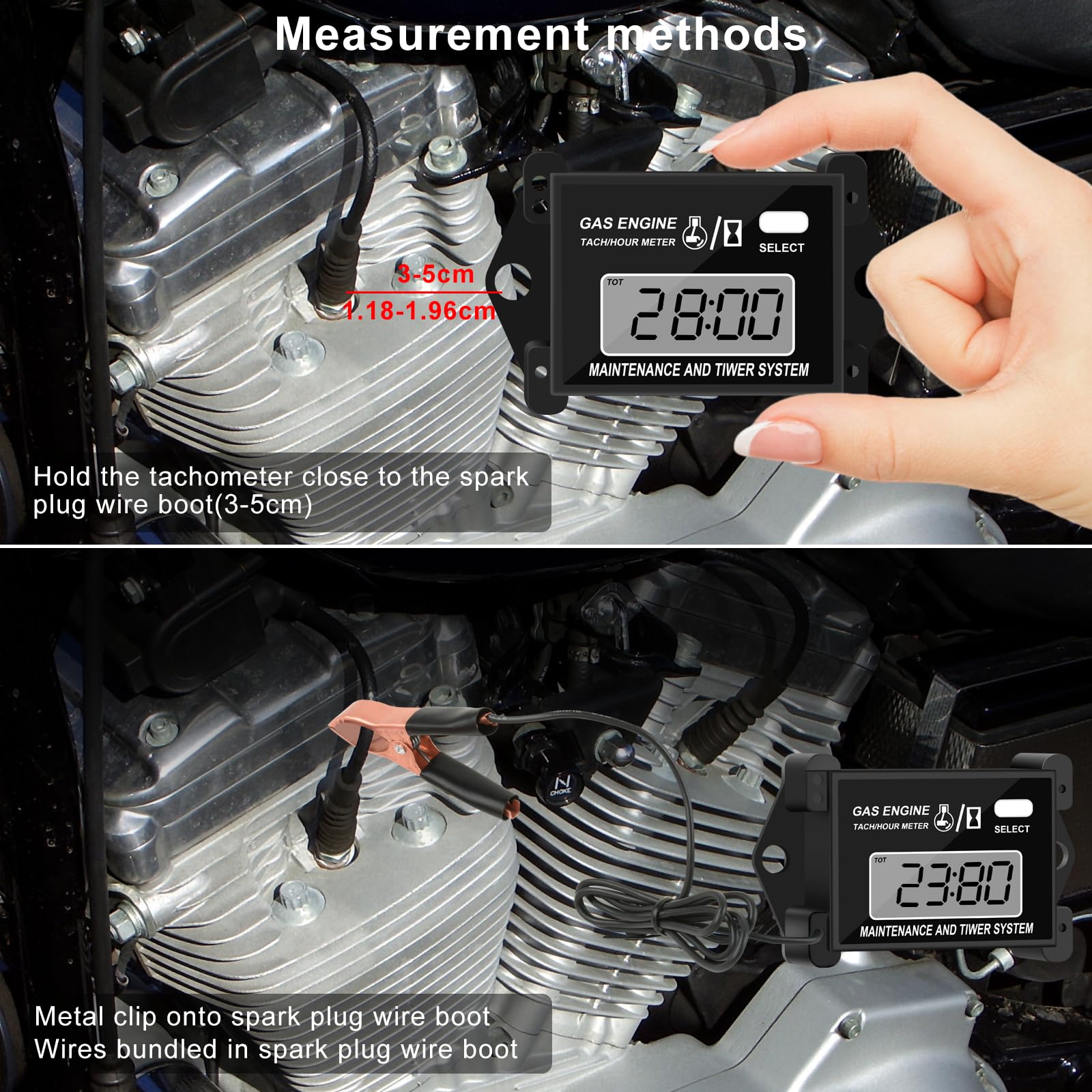 Digital Tachometer & Hour Meter - Inductive RPM Gauge with Total Time & Job Timer for Small Engines - Perfect for Snowmobiles, Motor Bikes, Go Karts, Lawn Mowers & Outdoor Power Equipment