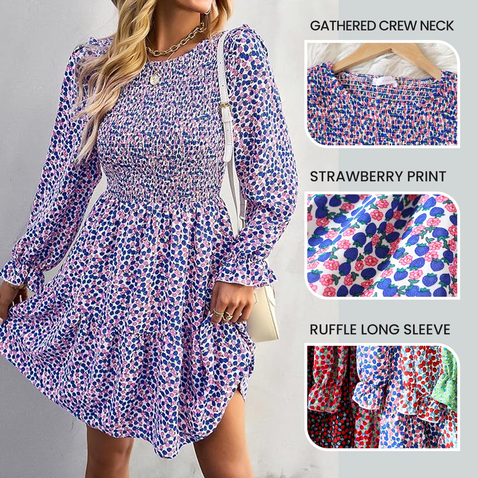 KIRUNDO Women's Floral Smocked Long Sleeve Ruffle A-Line Mini Dress - Spring Summer Party Dress 2025 | Flowy Crewneck Dress for Garden Party, Wedding Guest & Date Night Outfits