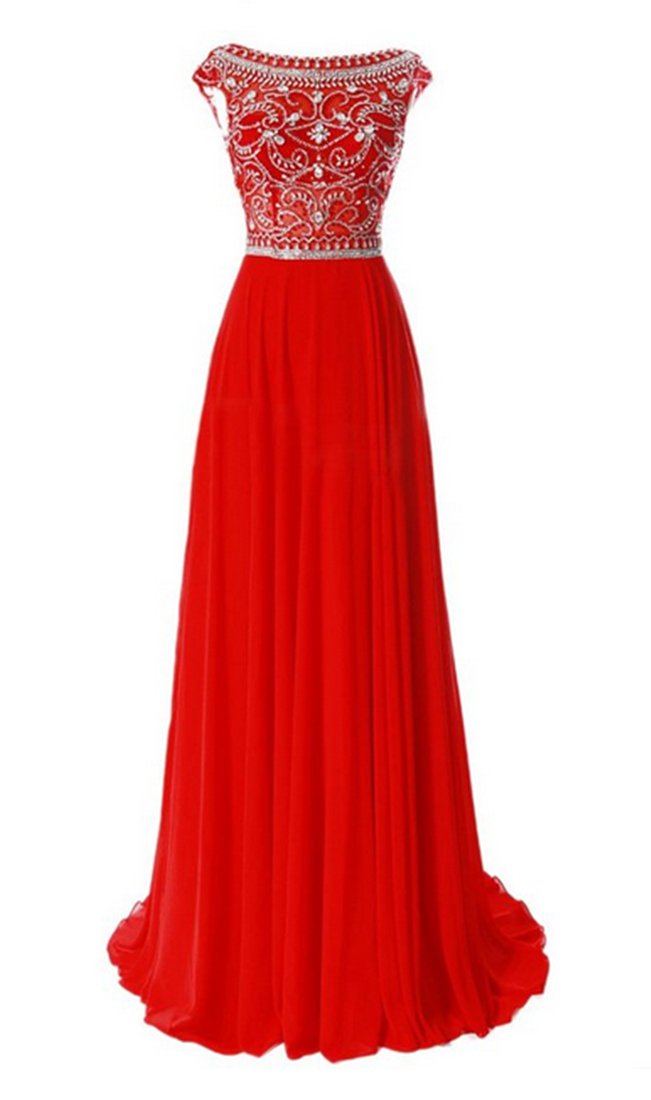 Emmani Women's Red Beaded Long Formal Evening Dress - Elegant Beading Bling Party Gown for Prom, Wedding Guest, Black Tie Events & Special Occasions - Size 10