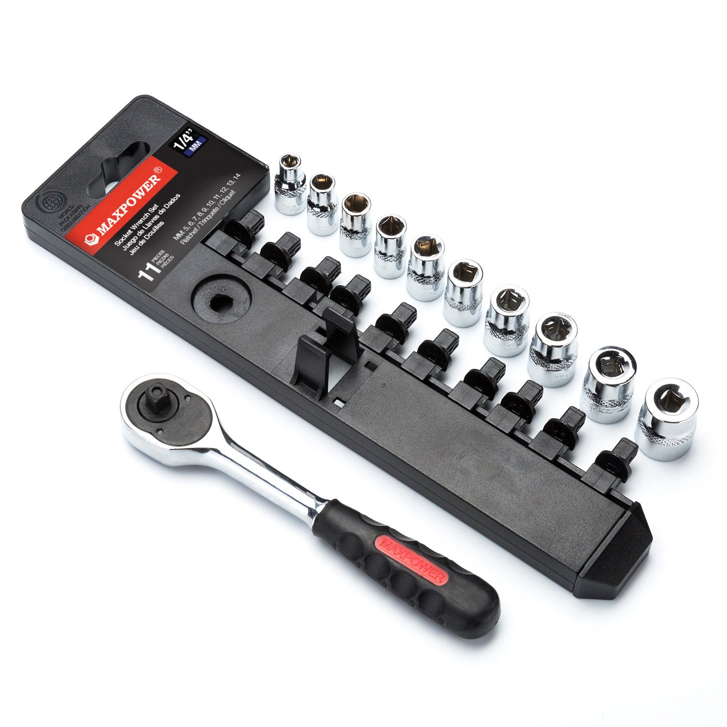 MAXPOWER 11-Piece 1/4-inch Ratcheting Socket Wrench Metric Set (5mm-14mm) - Quick Release Reversible Ratchet Handle with Hanging Rack - Perfect for Automotive Repair, DIY Projects & Home Maintenance
