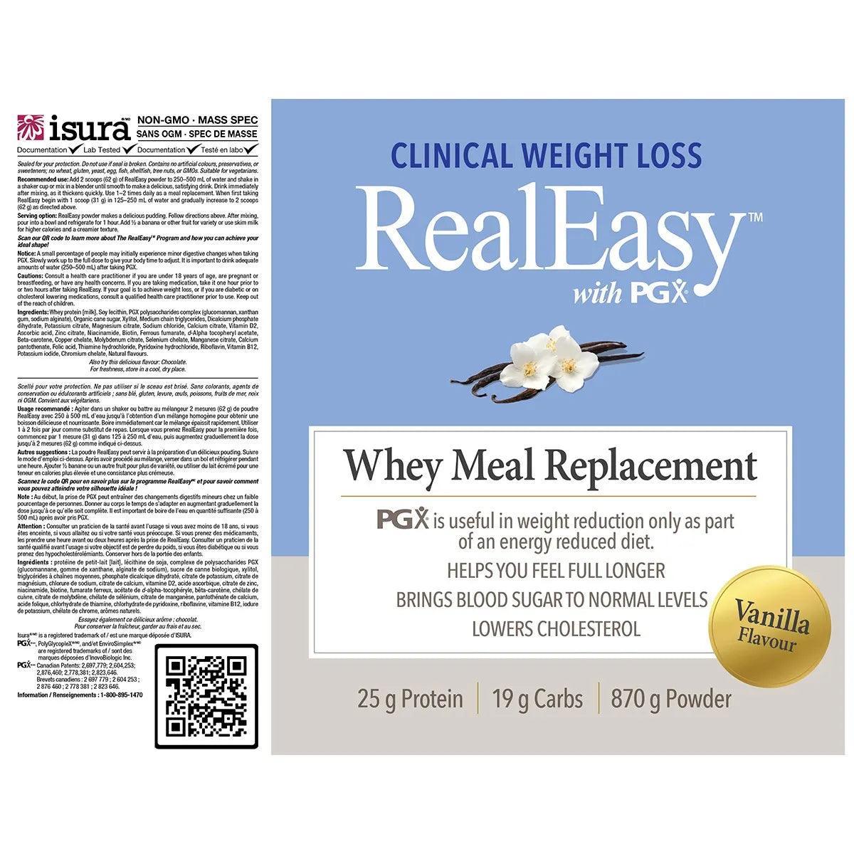 Natural Factors Real Easy With PGX Whey Meal Replacement Vanilla 870g - High Protein Shake for Weight Loss & Muscle Recovery - Perfect for Post-Workout, Breakfast, or Healthy Snacking