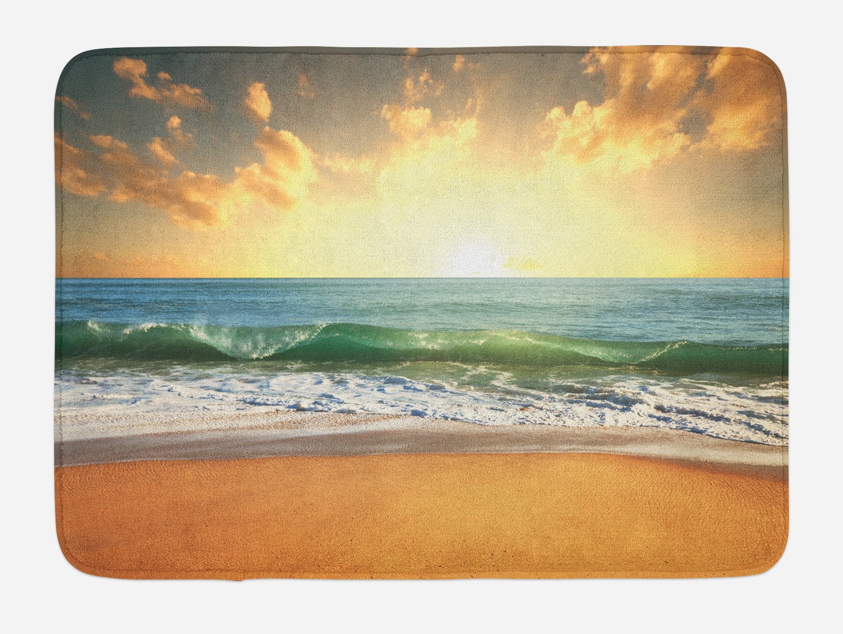 Lunarable Ocean Bath Mat - Non-Slip Plush Bathroom Rug with Sunset Beach Design, 30.2 x 20 Inches, Apricot & Blue - Soft Decor for Bathroom, Spa, or Coastal-Themed Home