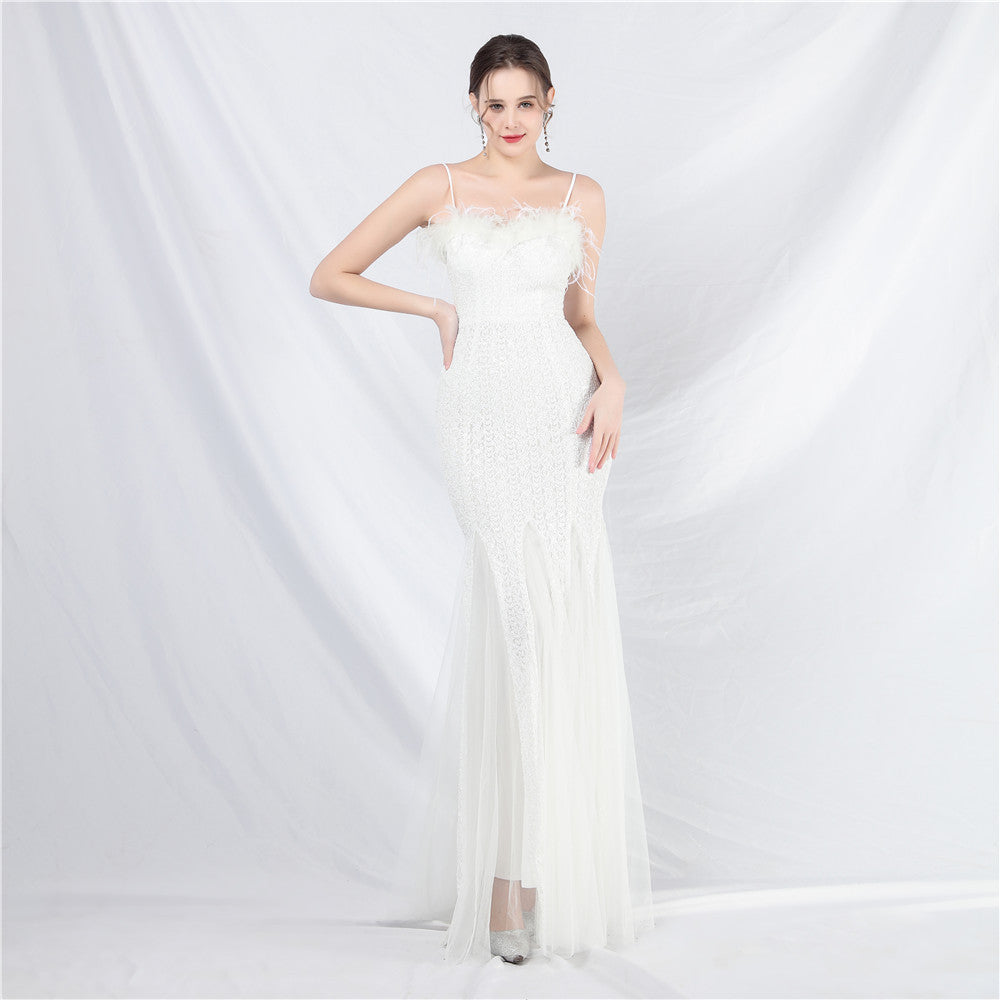 Elegant Ostrich Feather Mesh Beaded Long Evening Dress for Women - Perfect for Prom, Gala & Formal Events