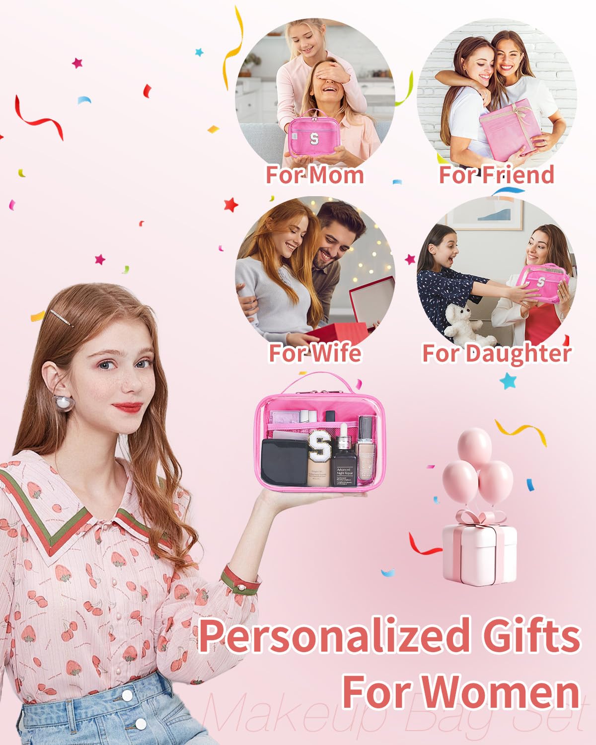 Wandering Nature Clear Makeup Bags 2 Pack - Personalized Initial Cosmetic Pouch Organizer, Preppy Small Travel Toiletry Bag for Women | Perfect Birthday Gift for Girlfriend, Ideal for Travel, Gym & Daily Makeup Storage