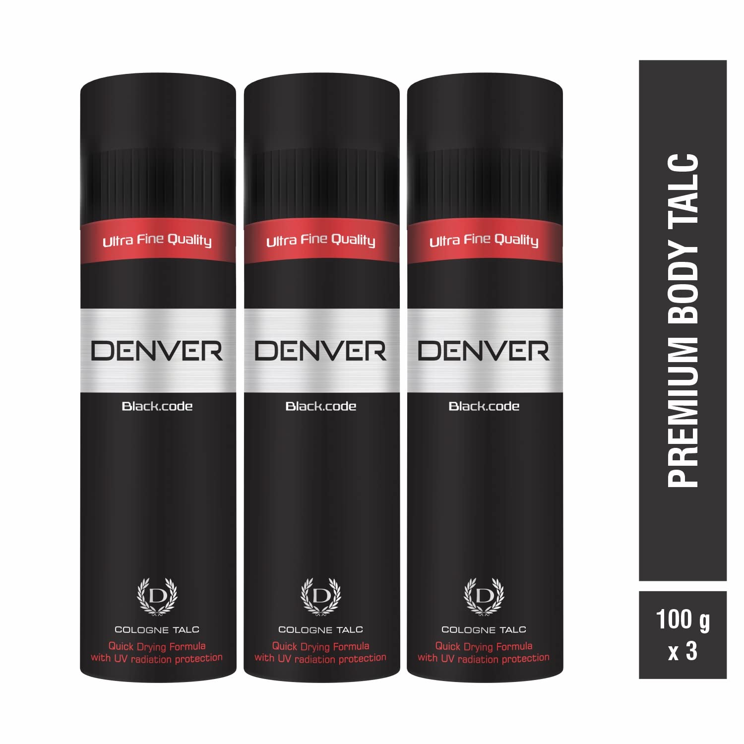 DENVER Black Code Premium Body Talc - 100Gm (Pack of 3) | Scented Talcum Powder for Men & Women | Fresh Fragrance, Smooth Skin | Ideal for Gym, Travel & Daily Use