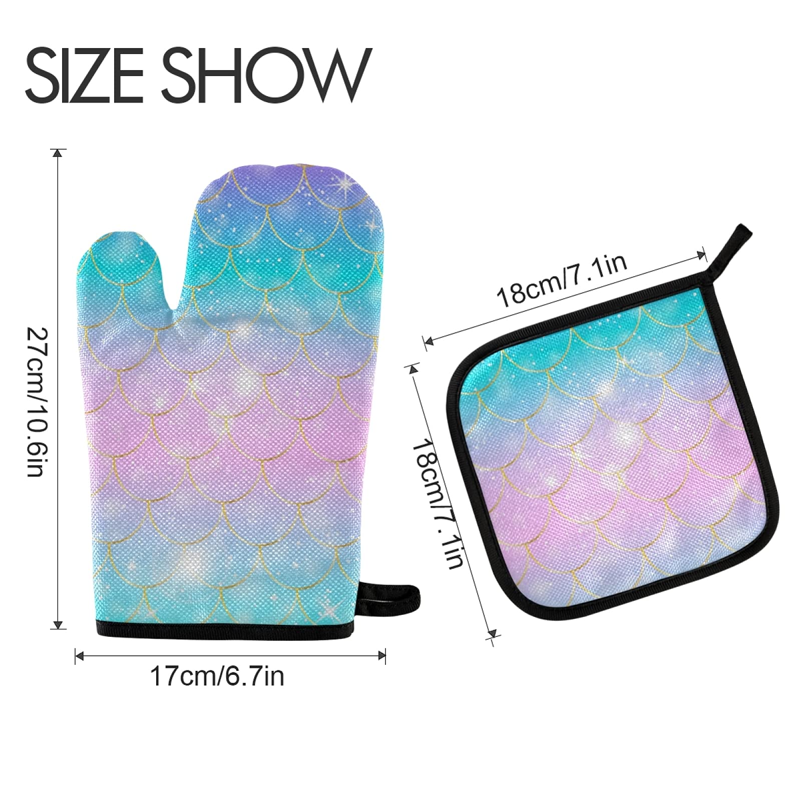 QUGRL Glitter Mermaid Scales Oven Mitts & Pot Holders Set - Heat Resistant Kitchen Gloves for Baking, Cooking & BBQ - Blue, Pink, Purple Hot Pads for Safe Handling of Cookware & Bakeware - Perfect for Holiday Gifts & Home Decor