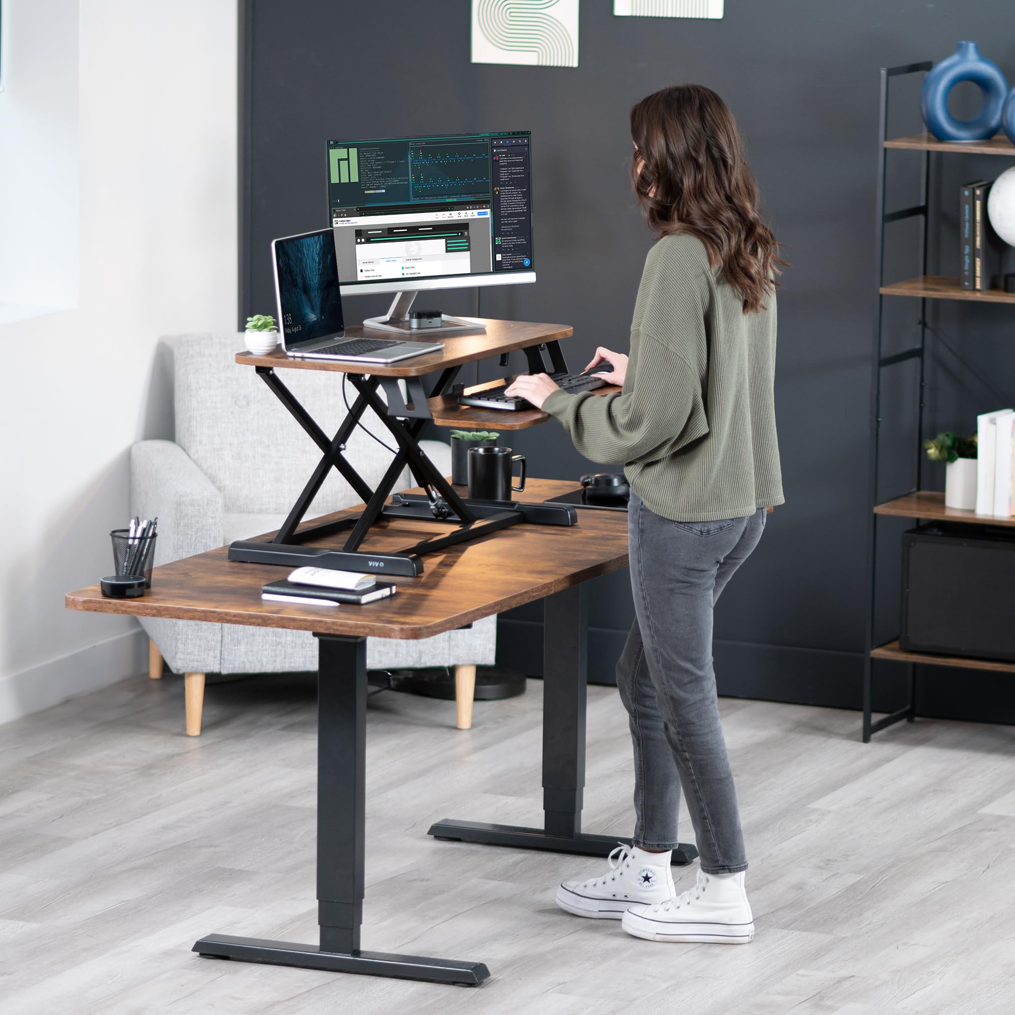 VIVO 32 Inch Height Adjustable Sit Stand Desk Converter - Dual Monitor & Laptop Workstation with Wide Keyboard Tray - Rustic Brown Top & Black Frame (K Series DESK-V000KN) - Perfect for Home Office, Gaming Setup & Ergonomic Workspace