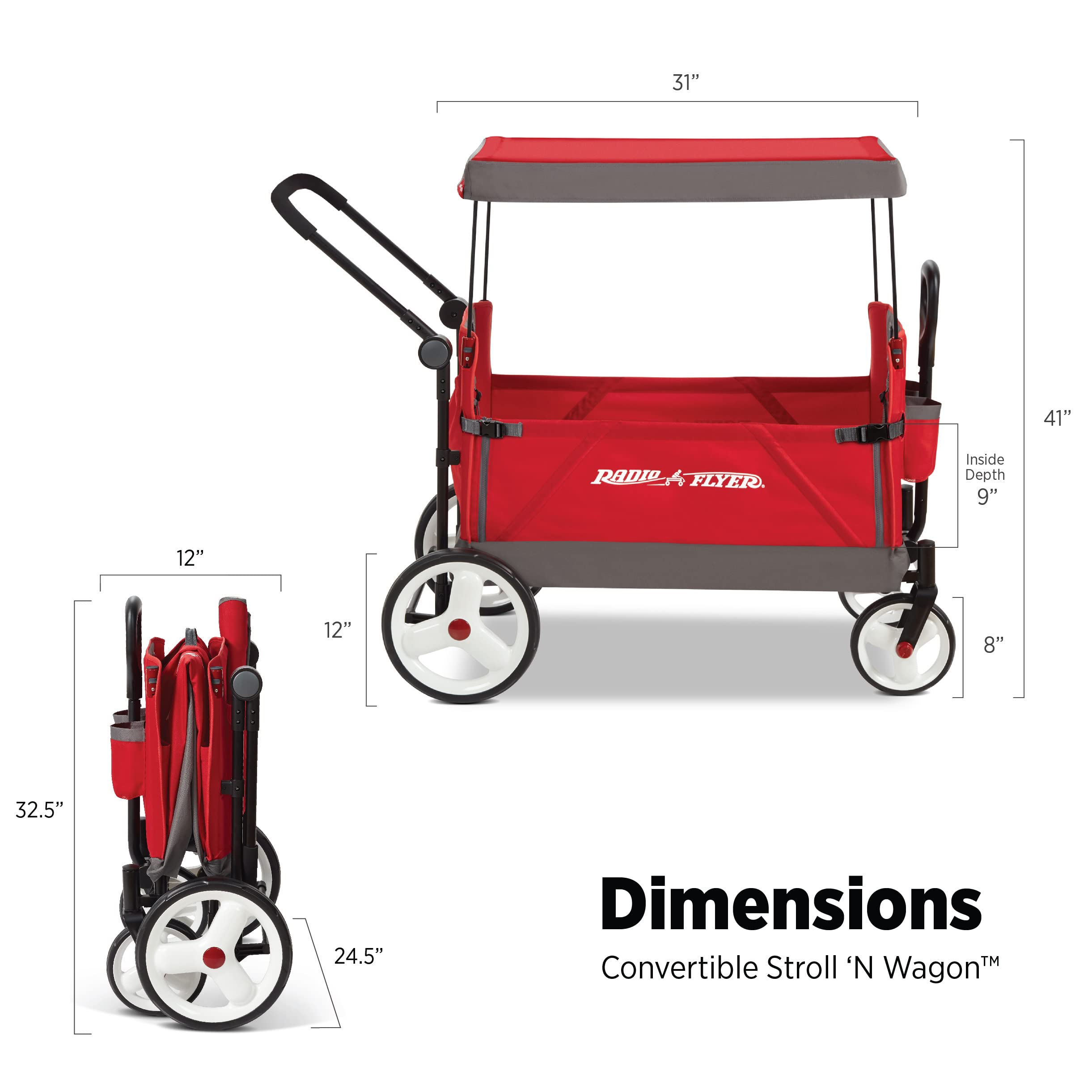 **Radio Flyer 4-in-1 Stroller Wagon for Kids - 5-Point Safety Harness, Rear Brake & Push-Pull Handle - Perfect for Park Outings, Beach Trips & Family Adventures (Red)**