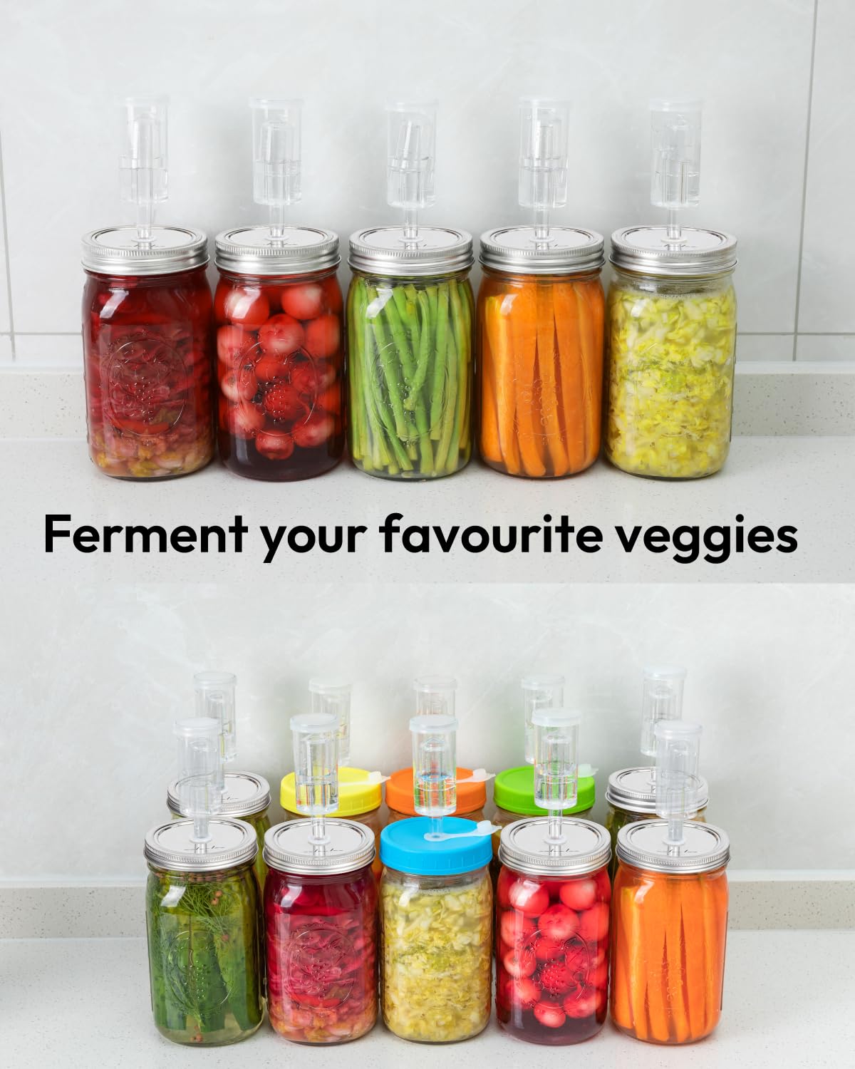 Jillmo 6-Pack Wide Mouth Mason Jar Fermentation Lids Kit - BPA-Free Airlock Lids for Pickling, Fermenting Vegetables & Kombucha - Perfect for Home Brewing, Canning & Food Preservation (Jars Not Included)