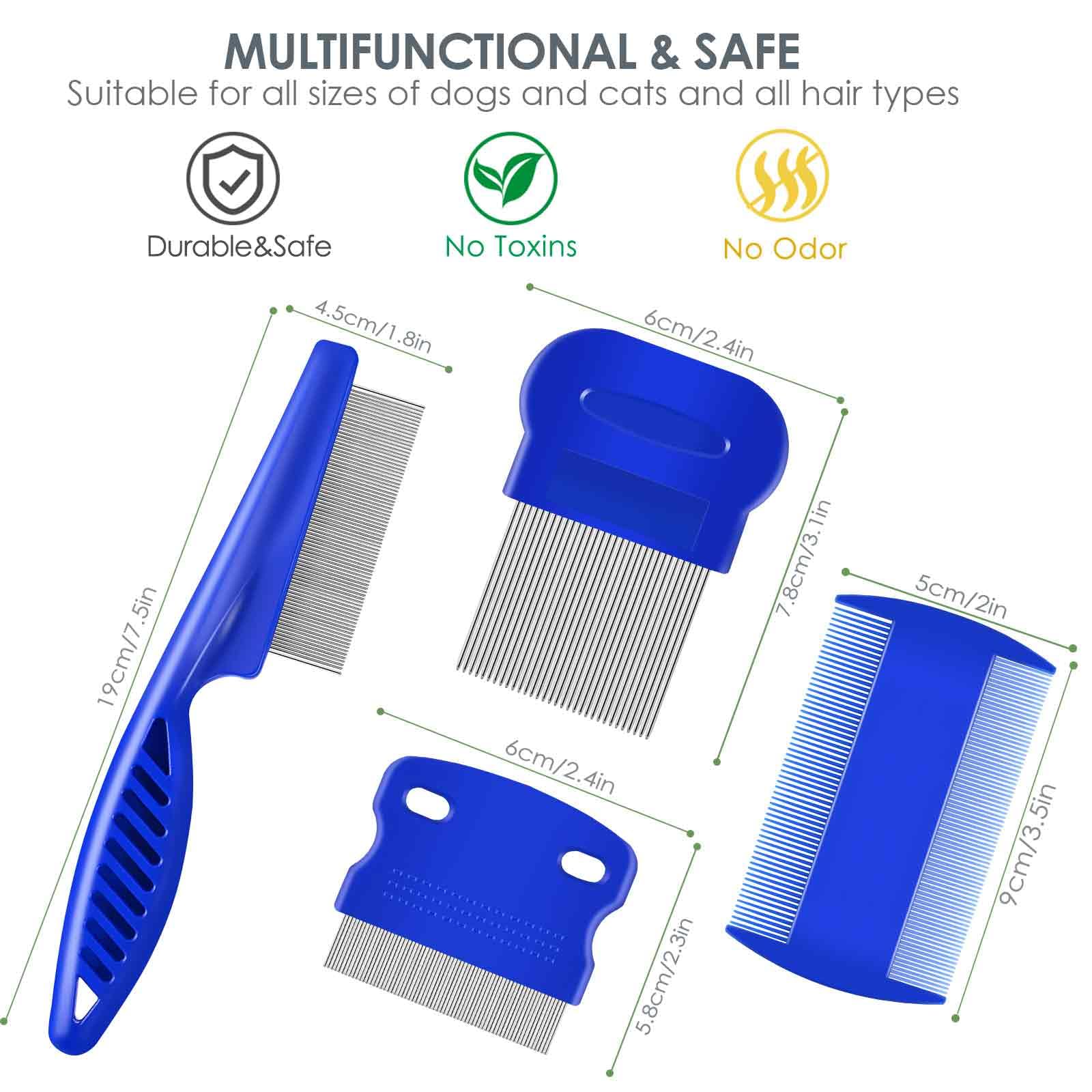 Brillirare 4 Pack Flea & Lice Comb Set - Stainless Steel Pet Grooming Combs with Rounded Teeth for Dogs & Cats | Double Sided Professional Tear Stain Remover & Dematting Tool for Small, Medium & Large Pets | Perfect for Home Grooming & Pet Salon Use