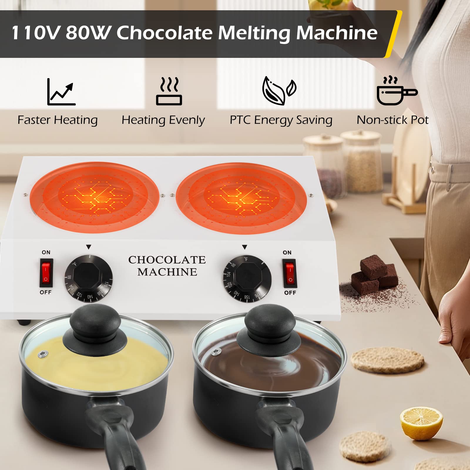 Dyna-Living 80W Electric Chocolate Melting Pot - Dual Chocolate Tempering Machine for Home Use, Perfect for Melting Chocolate, Making Chocolate Fondue & DIY Candy (Ideal for Valentine's Day, Parties & Baking)