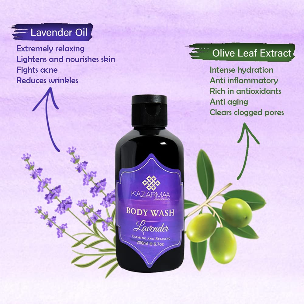 KAZARMAA Lavender Shower Gel & Body Wash - Moisturizing, Calming & Relaxing - 200ml with Loofah - Perfect for Stress Relief & Aromatherapy Baths