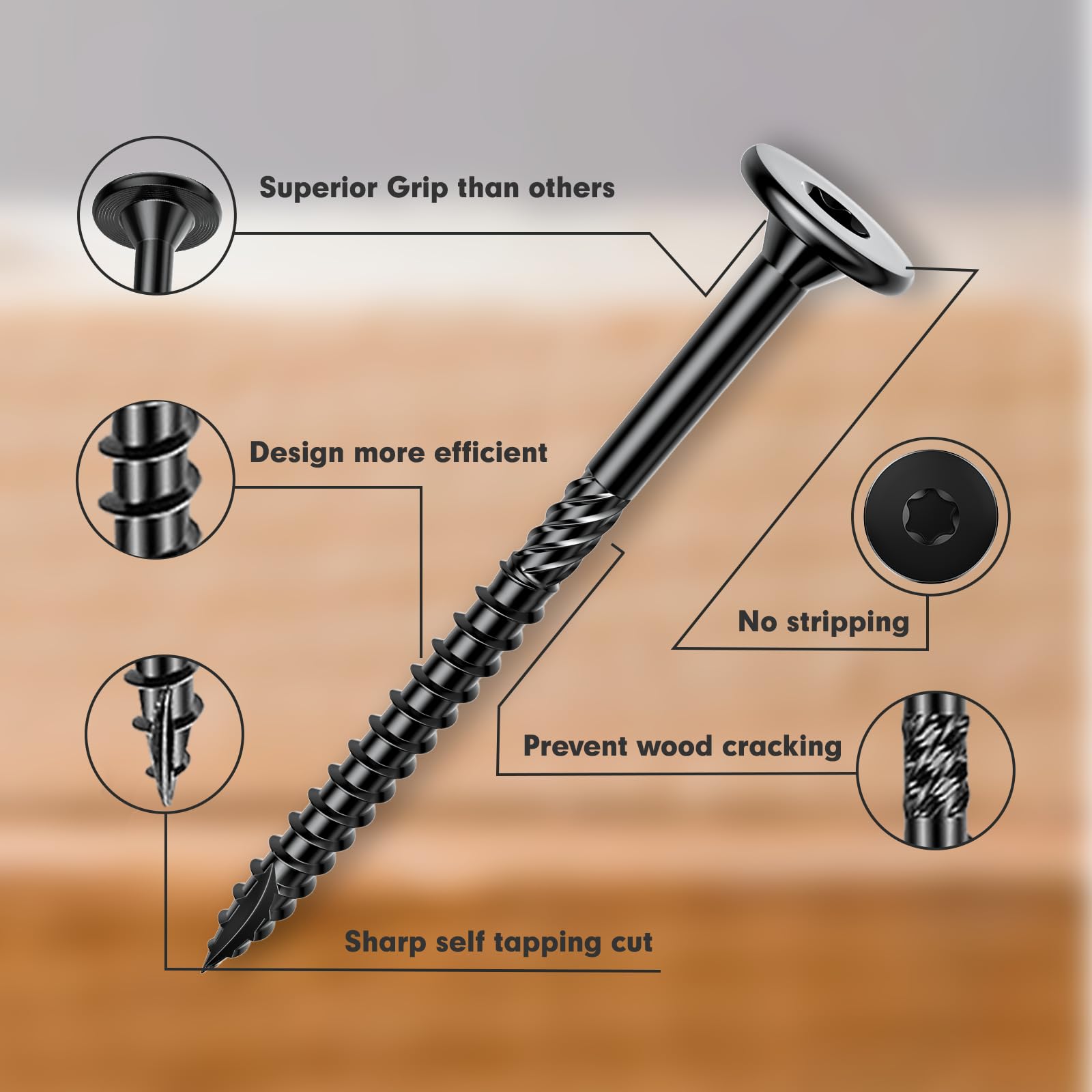 6 Inch Heavy-Duty Outdoor Deck Screws - 50Pcs Star Drive Decking Wood Screws - Rust Resistant Timber Screws for Timber, Log, Landscaping Wood (#14 x 6 Black) - Perfect for Deck Building, Fence Repair & Outdoor Wood Projects