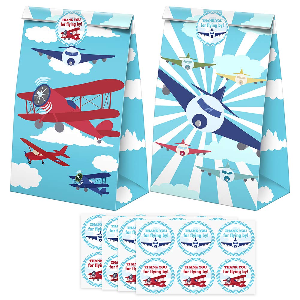 SamPartyShop 24-Piece Airplane Goodie Bags with Stickers - Airplane Themed Party Favors, Candy Bags & Gift Treats for Birthday Celebrations, Travel Themed Events & Kids' Parties
