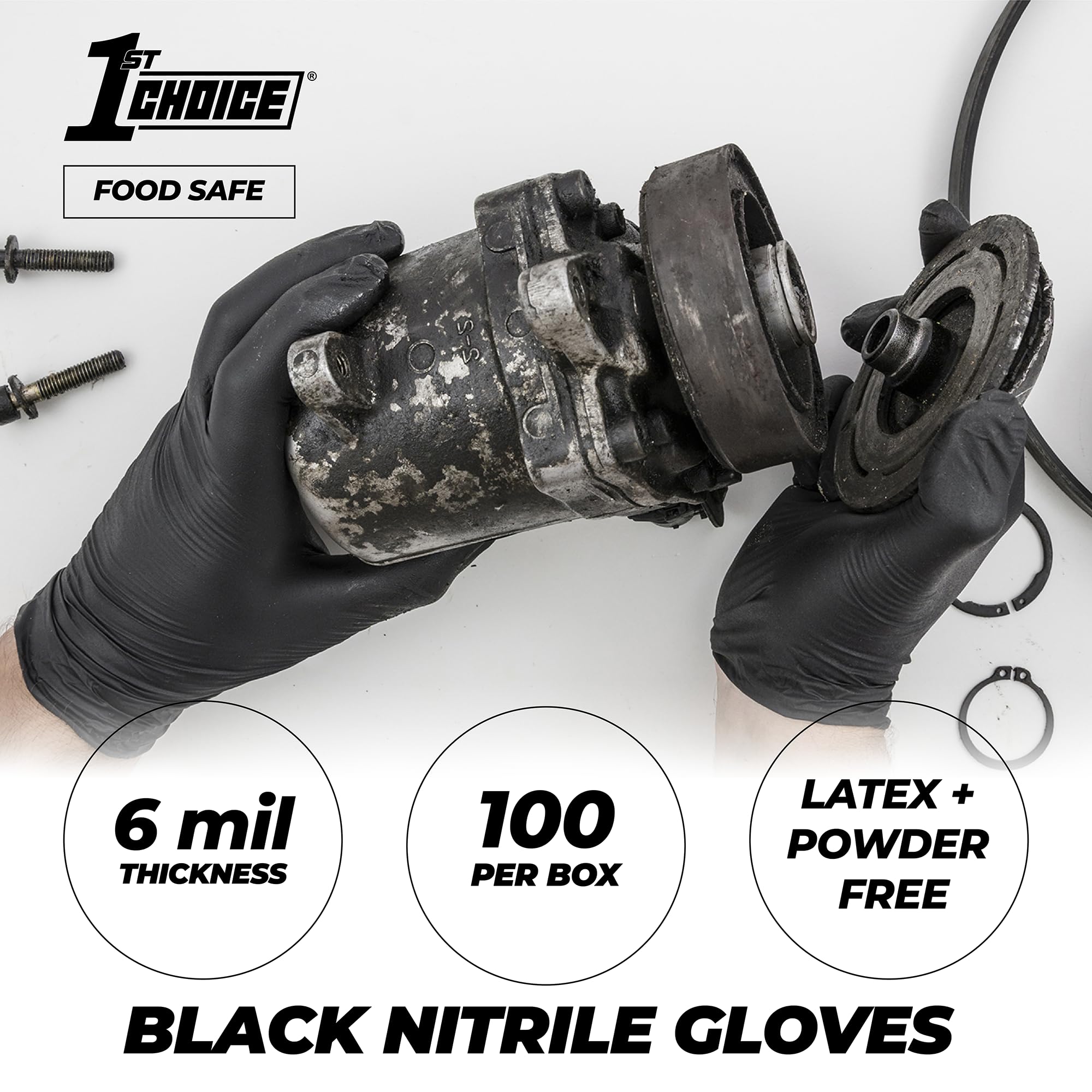 1st Choice Nitrile Gloves - Latex-Free Disposable Black Gloves, 6 Mil Textured Industrial Grade for Cooking, Cleaning, Medical Use & Food Handling | Durable & Comfortable for Professional & Home Use
