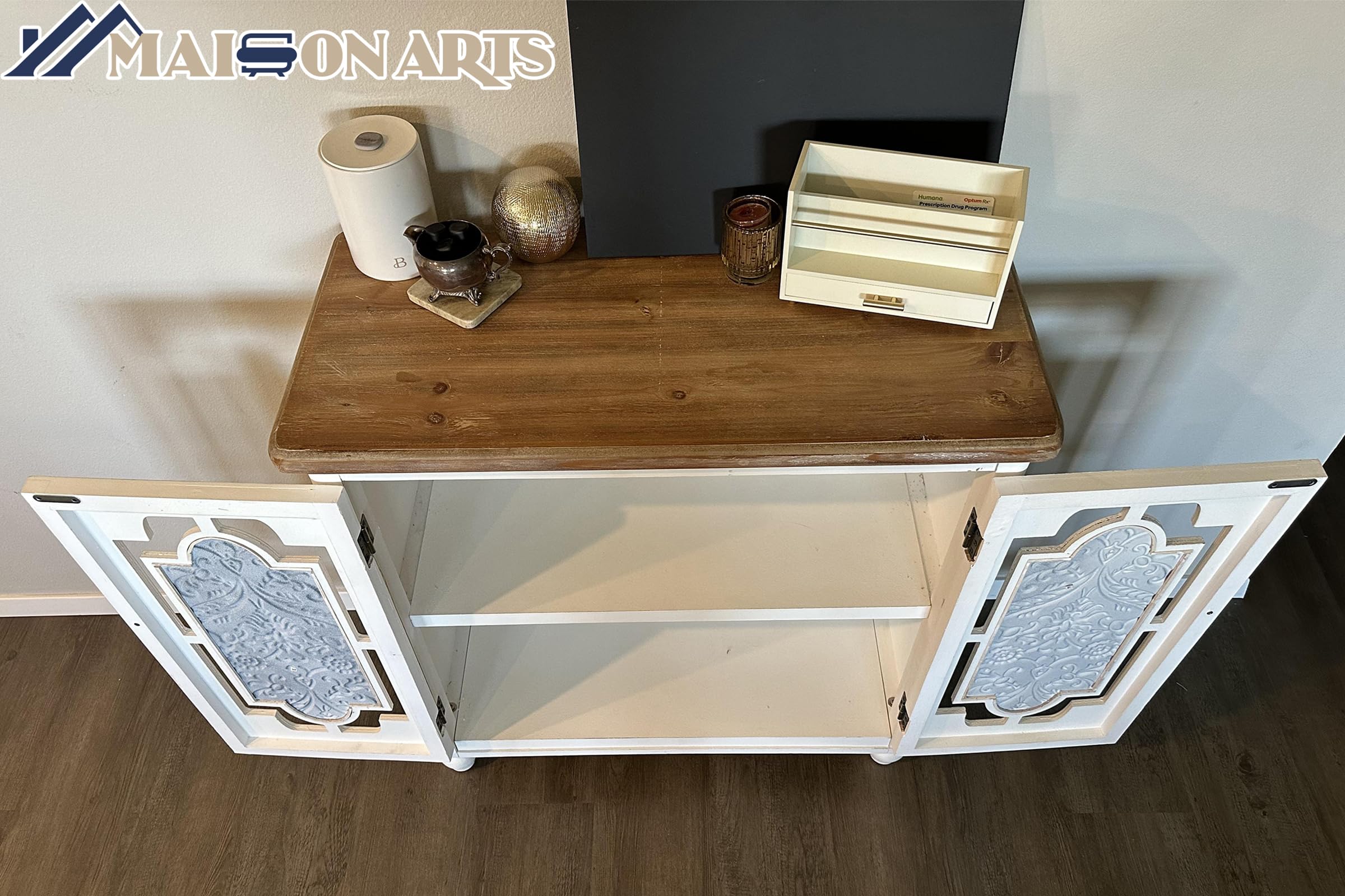 MAISON ARTS Farmhouse Accent Cabinet with 2 Doors - Solid Wood Storage Cabinet with Metal Embossing Pattern for Living Room, Entryway, Bedroom - Rustic Sideboard Buffet Cabinet for Home Decor & Organization