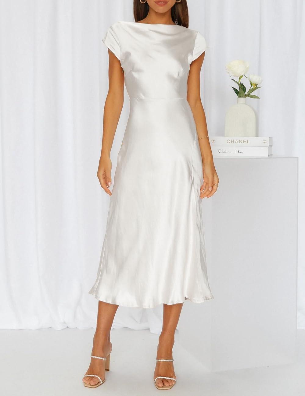 Elegant Backless Satin Midi Dress for Women | Summer Wedding Guest Dress with Cowl Neck & Thigh Slit | Sexy Cocktail Party Dress for Evening Events, Date Nights & Special Occasions 2025