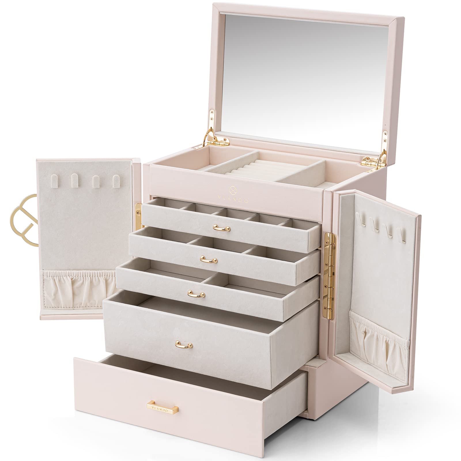 Vlando Large 6-Tier Jewelry Organizer Box with Mirror & 5 Drawers - Faux Leather Watch, Earrings, Necklace, Rings & Bracelet Storage Case - Perfect Gift for Women (Pearl White) - Ideal for Bedroom Vanity, Travel & Wedding Jewelry Organization
