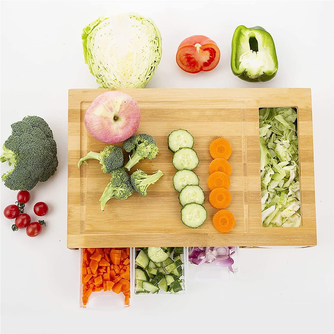 Premium Bamboo Cutting Board with Storage Containers & Lids - 4-in-1 Kitchen Chopping Station with Juice Grooves, 4 Multi-Functional Graters & Food Sliding Opening - Perfect for Meal Prep, Cooking & Entertaining