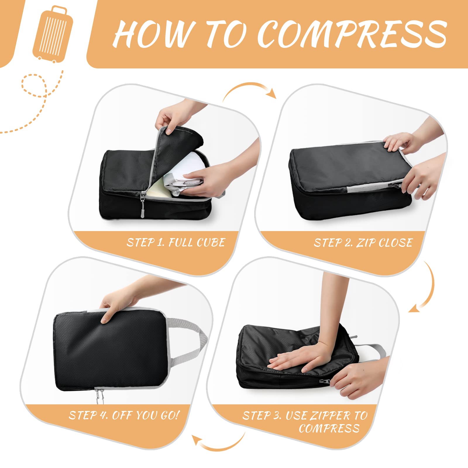 WOOMADA 8-Piece Compression Packing Cubes Set - Expandable Travel Organizer for Suitcases & Luggage (Black) | Perfect for Business Trips, Vacations & Weekend Getaways