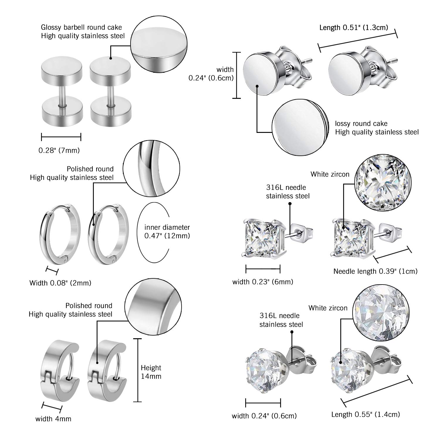 Aroncent 6 Pairs Stainless Steel Small Hoop Earrings for Men & Women - Fake Gauges, Spike Earrings Set | Hypoallergenic, Durable Body Jewelry for Everyday Wear, Parties & Gifts