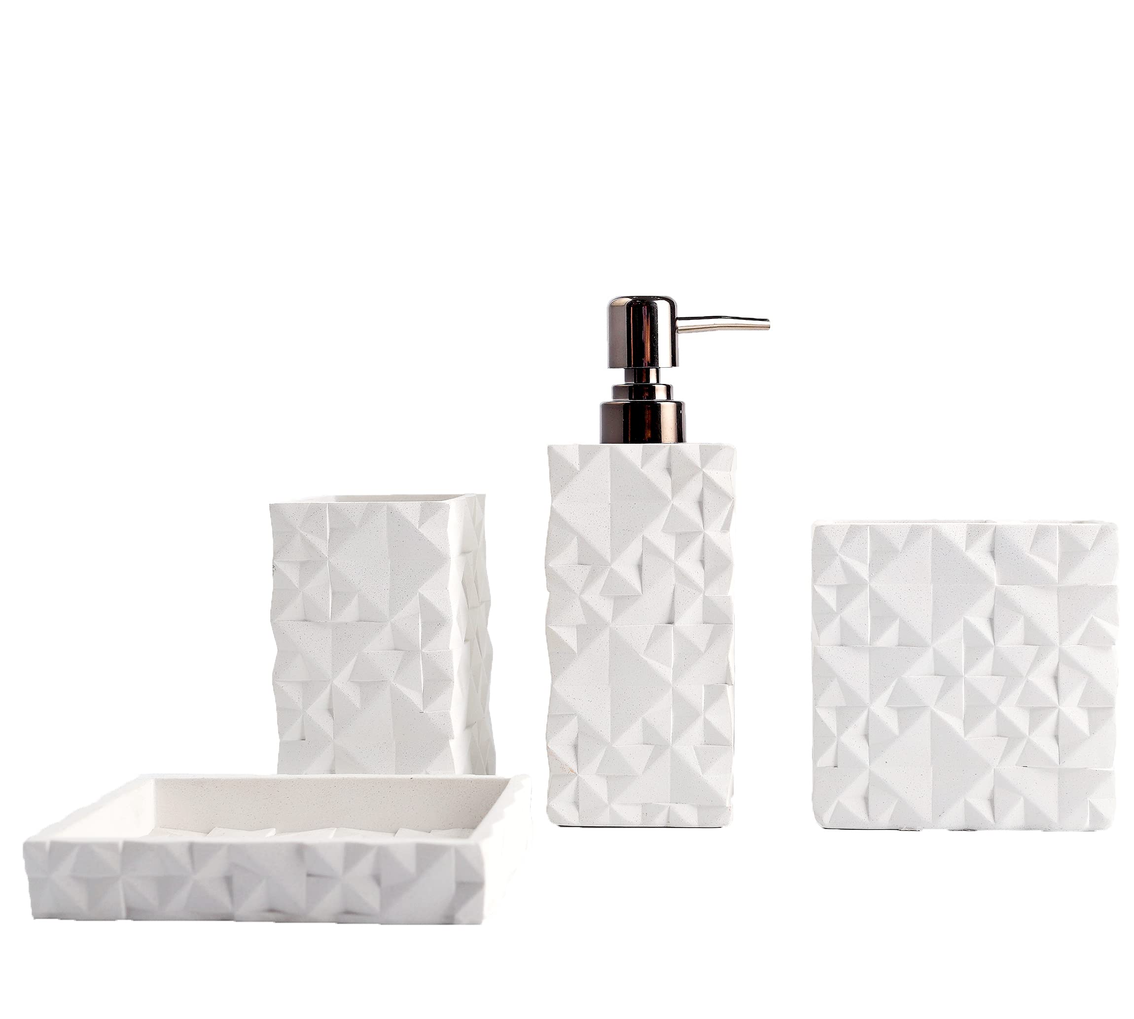 Farmhouse Bathroom Accessories Set - 4 Piece Resin Toothbrush Holder, Soap Dispenser, Soap Dish & Tumbler | Rustic Bathroom Decor for Apartment Essentials | Perfect for Guest Bathrooms, Farmhouse Style Homes & Housewarming Gifts