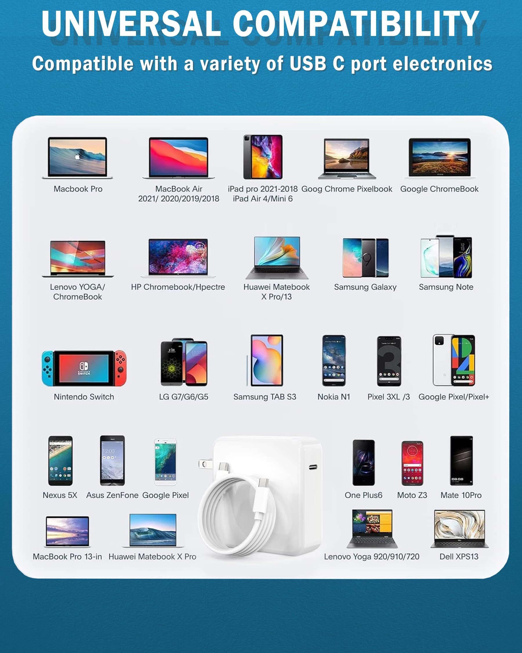 100W USB C Charger for MacBook Pro 16/15/14/13 Inch & MacBook Air 13 Inch - Fast Charging Power Adapter with Type C to C Cable - Compatible with iPad Pro 2023-2018 & All USB C Devices - Perfect for Home, Office & Travel Use