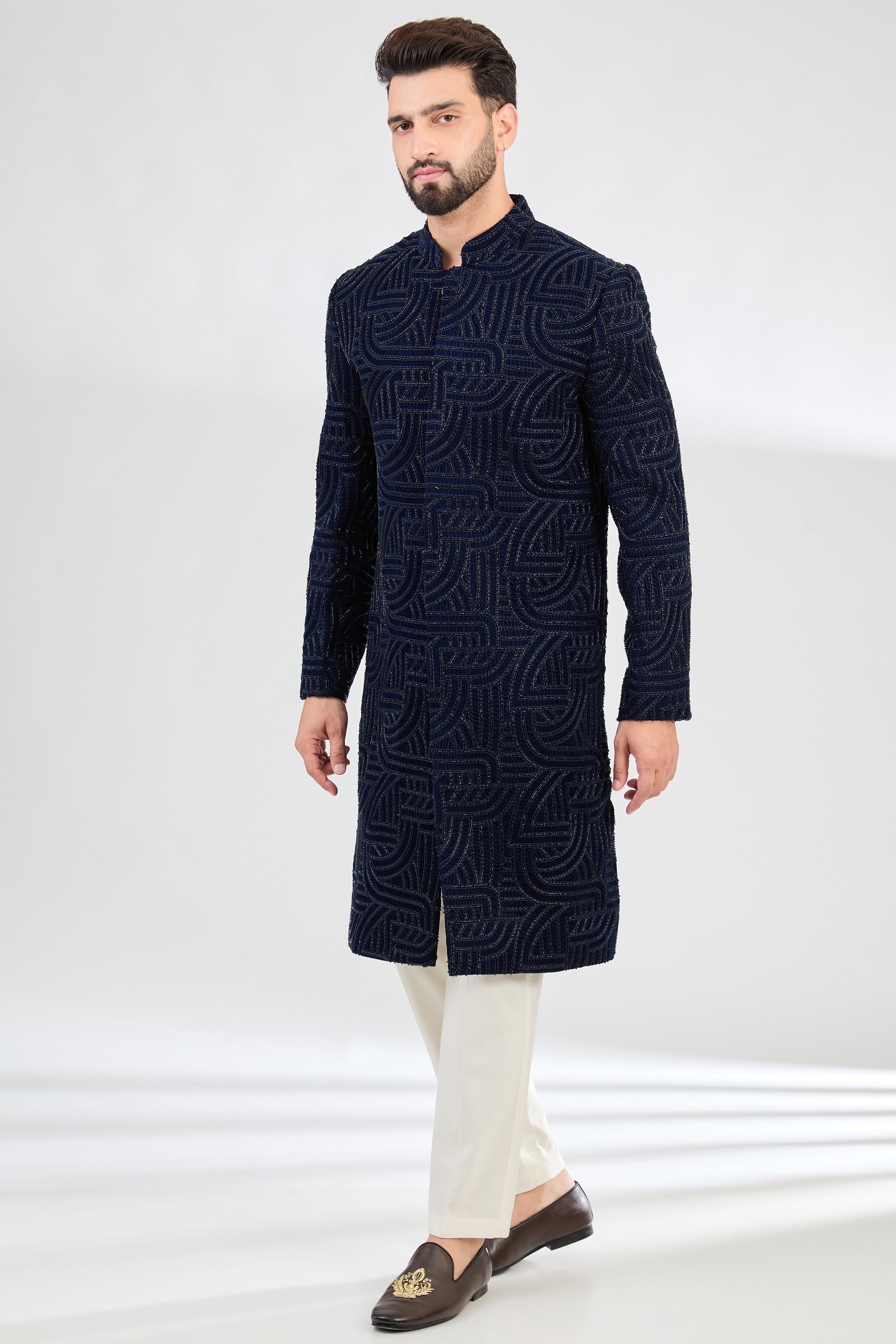 Elegant Navy Blue Sherwani for Men with Geometric Embroidery & Intricate Cut Dana Design - Perfect for Weddings, Festivals & Special Occasions