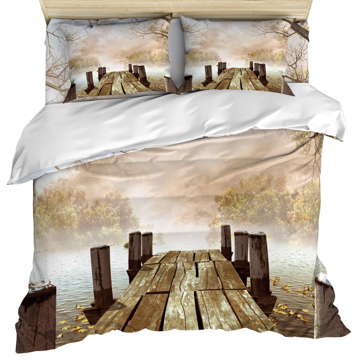 Luxury 4-Piece Queen Size Bedding Set - Mysterious Foggy Fairyland Rustic Wooden Bridge Duvet Cover, Comforter, Quilt Cover with Fitted Sheet & Pillow Shams for Kids, Teens, Adults - Perfect for Bedroom Decor, Dorm Room Essentials & Cozy Home Comfort