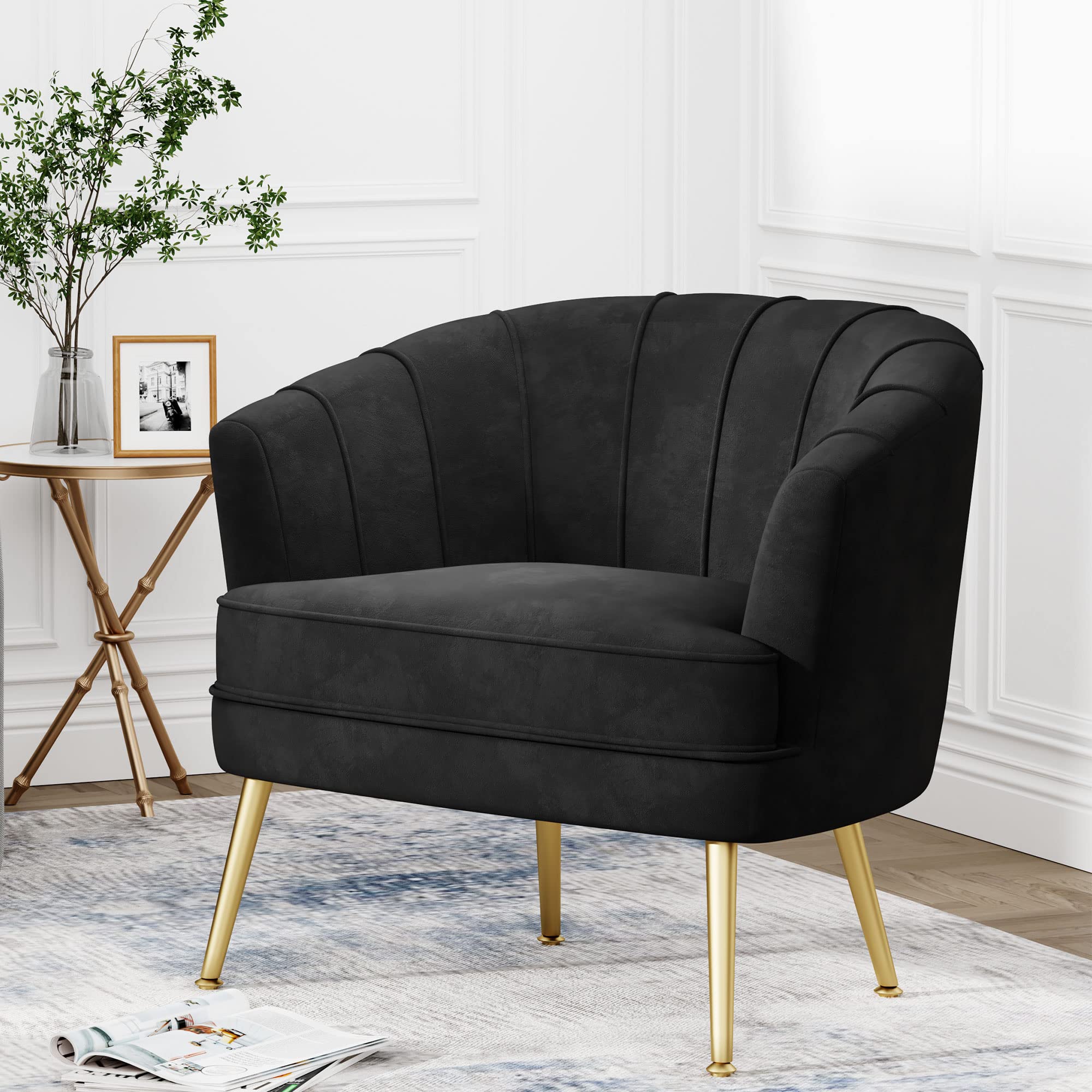 Andeworld Velvet Accent Chair - Modern Upholstered Single Sofa Side Chair with Golden Metal Legs, Comfortable Barrel Club Armchair for Living Room, Bedroom, Office & Reading Nook - Elegant Black Velvet Fabric for Cozy Home Decor