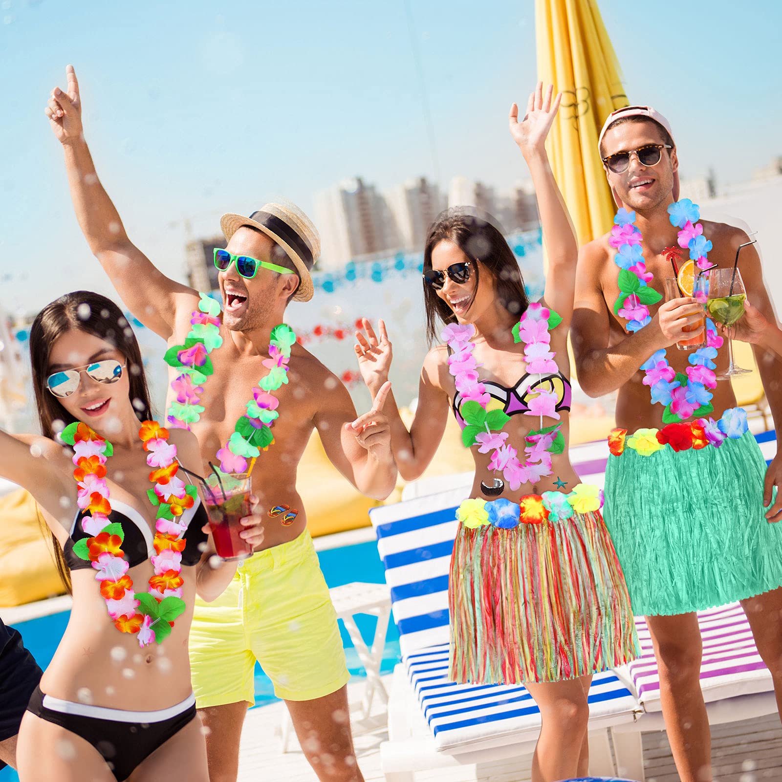 Elcoho 24-Piece Hawaiian Party Set - 8 Tropical Leis, 8 Grass Skirts, 8 Necklaces & 8 Luau Tattoos - Perfect for Hawaiian Themed Parties, Luau Decorations & Summer Beach Events