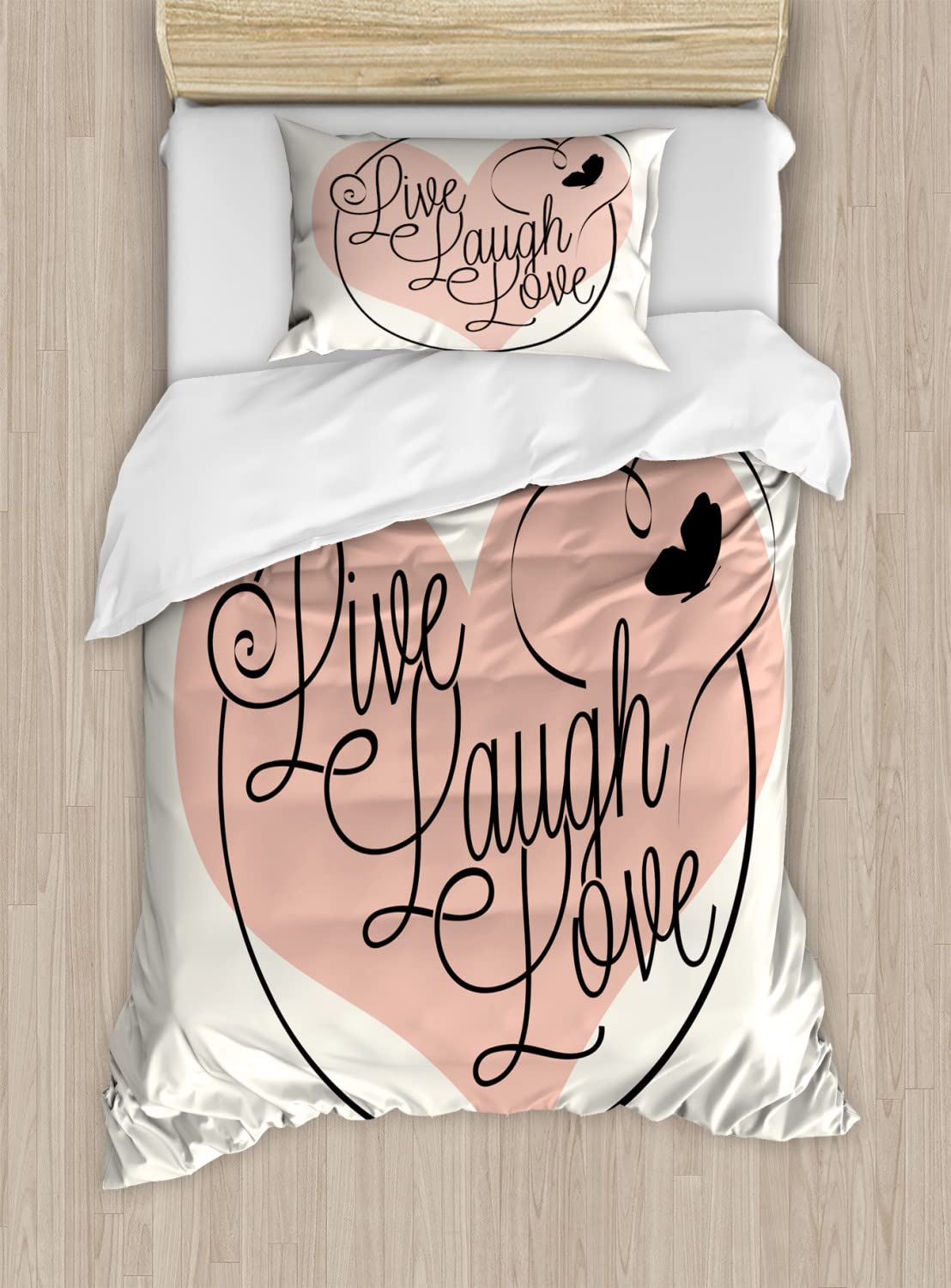Ambesonne Live Laugh Love Duvet Cover Set - Romantic Valentine's Day Themed Calligraphy Art with Hearts & Butterflies - 2-Piece Twin Size Bedding Set (2 Duvet Covers + 2 Pillowcases) in Pale Pink, Black & White - Perfect for Couples' Bedrooms, Anniversary Gifts & Valentine's Decor