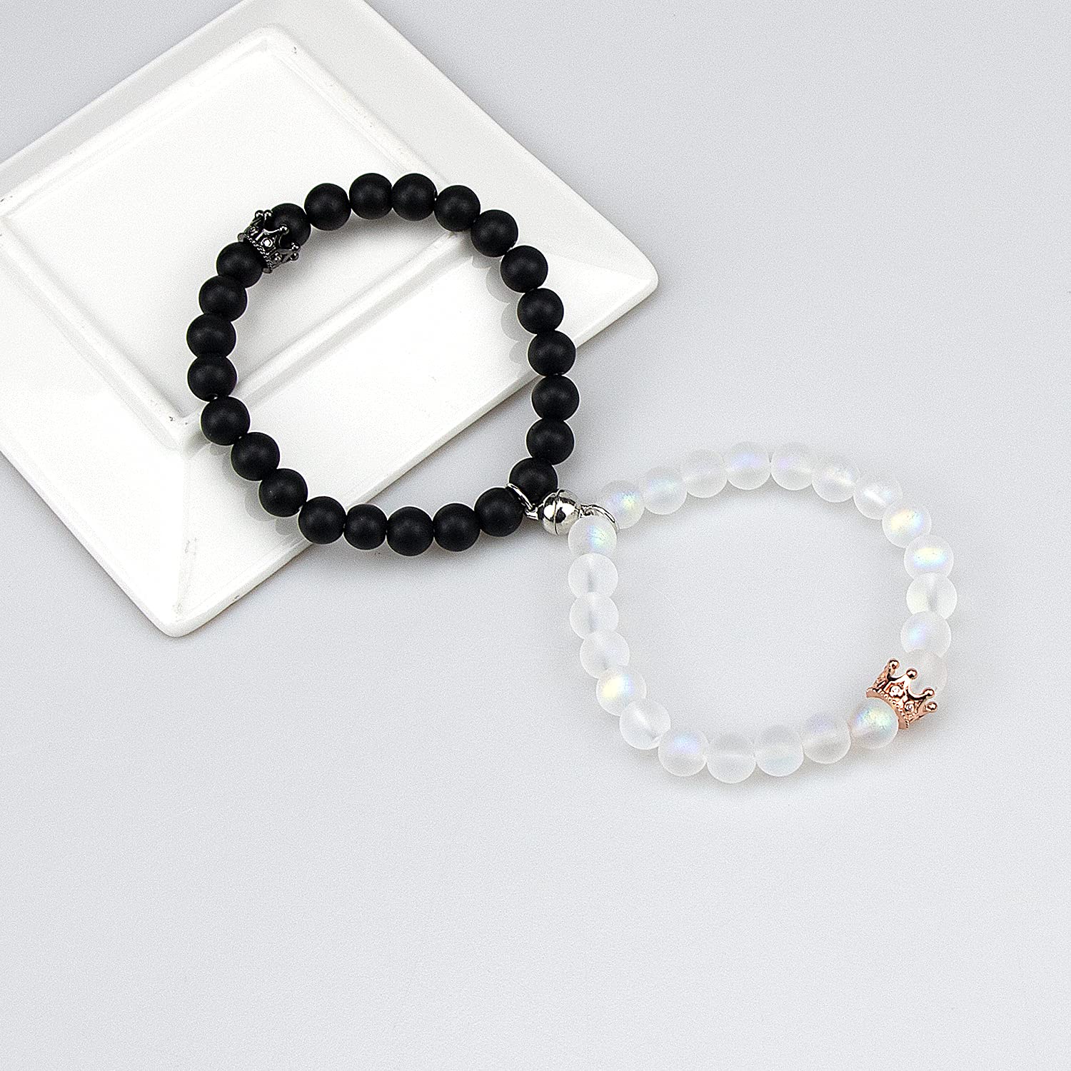 LUOKIFUR Magnetic Couples Bracelets Set - King & Queen Crown Matching Bracelets for Men & Women, Romantic Couple Gifts for Anniversary, Valentine's Day, Wedding | Adjustable Beaded Friendship Bracelets for Him & Her