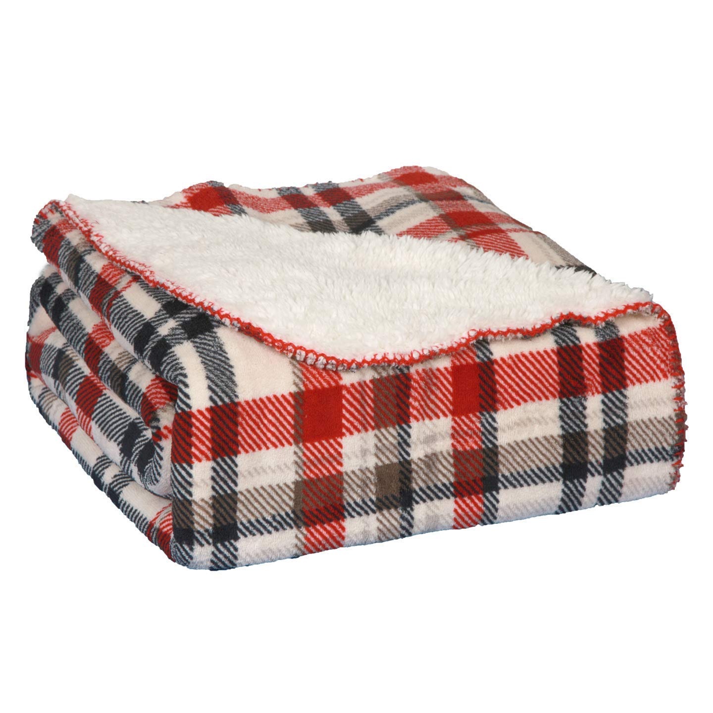 Sherpa Plaid Throw Blanket - Red, Navy, Taupe & Cream for Cozy Home Decor