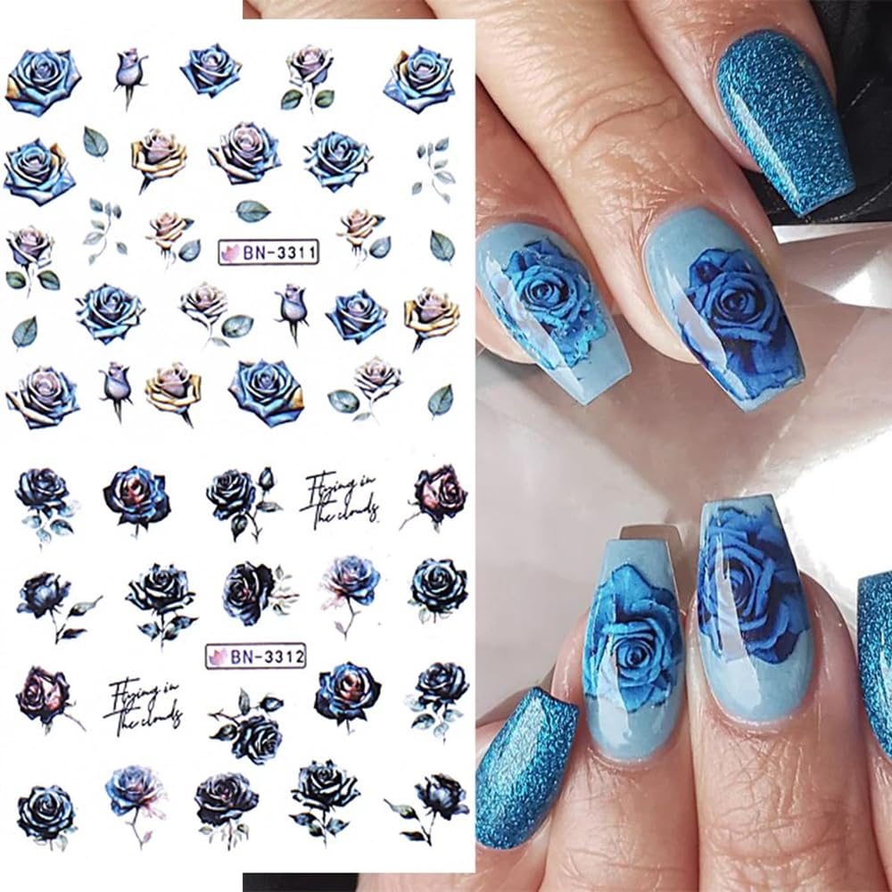 Rose Flower Nail Art Stickers - 12 Sheets Water Transfer Nail Decals for Women | Pink & Black Floral Nail Tattoo Designs | Perfect for Valentine's Day, Bridal, Party & Everyday Nail Art Accessories