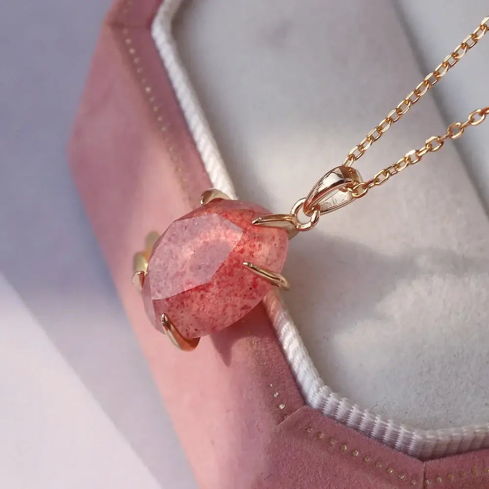 Dainty Strawberry Pink Gemstone Necklace for Women - Elegant Rose Quartz Pendant Jewelry Gift | Perfect for Valentine's Day, Anniversary & Everyday Wear | HJZB 250