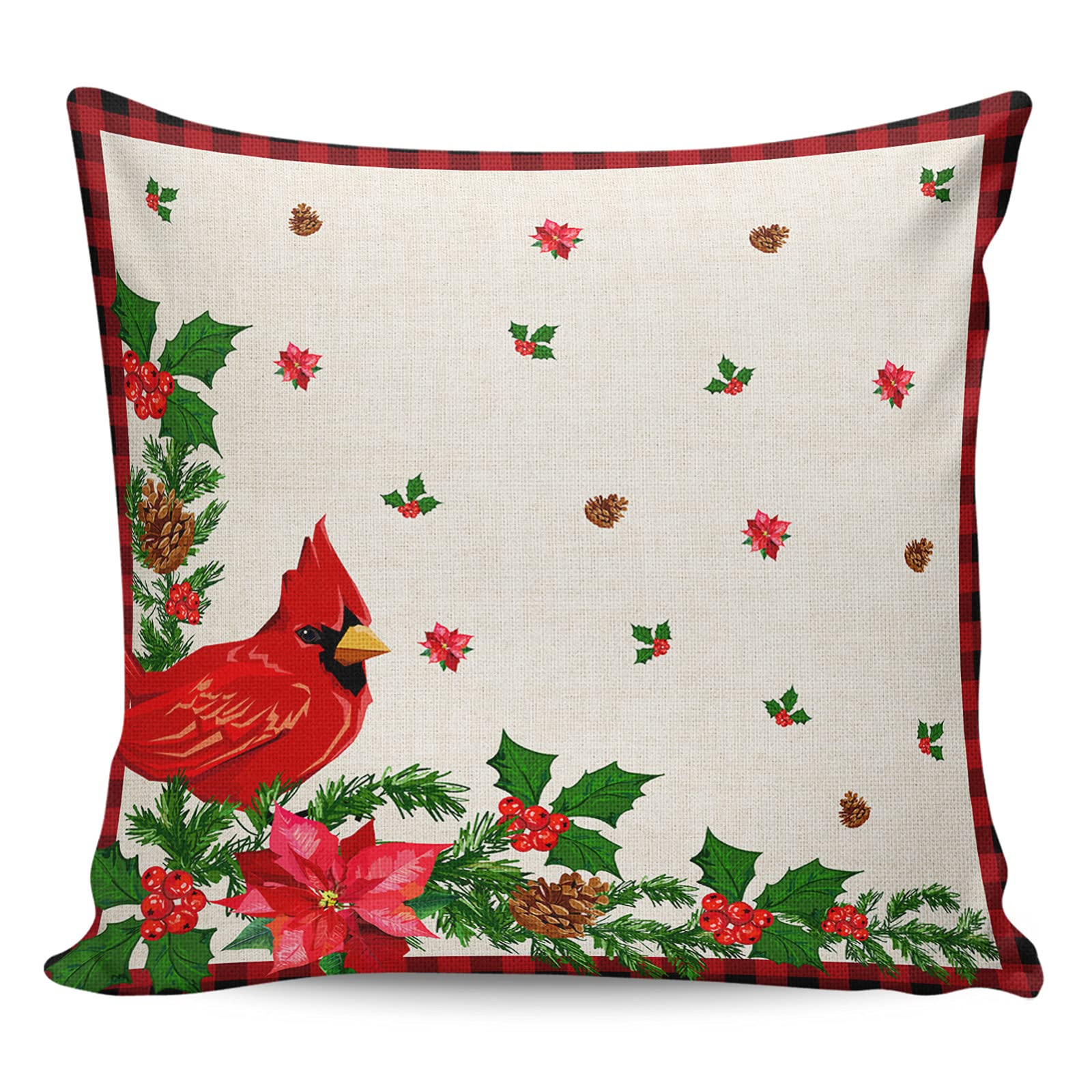Christmas Throw Pillow Covers 20x20 Inch - Decorative Cushion Covers for Sofa, Couch & Chair - Retro Cardinal Poinsettia Floral Design - Perfect for Holiday Home Decor, Living Room & Bedroom Accents