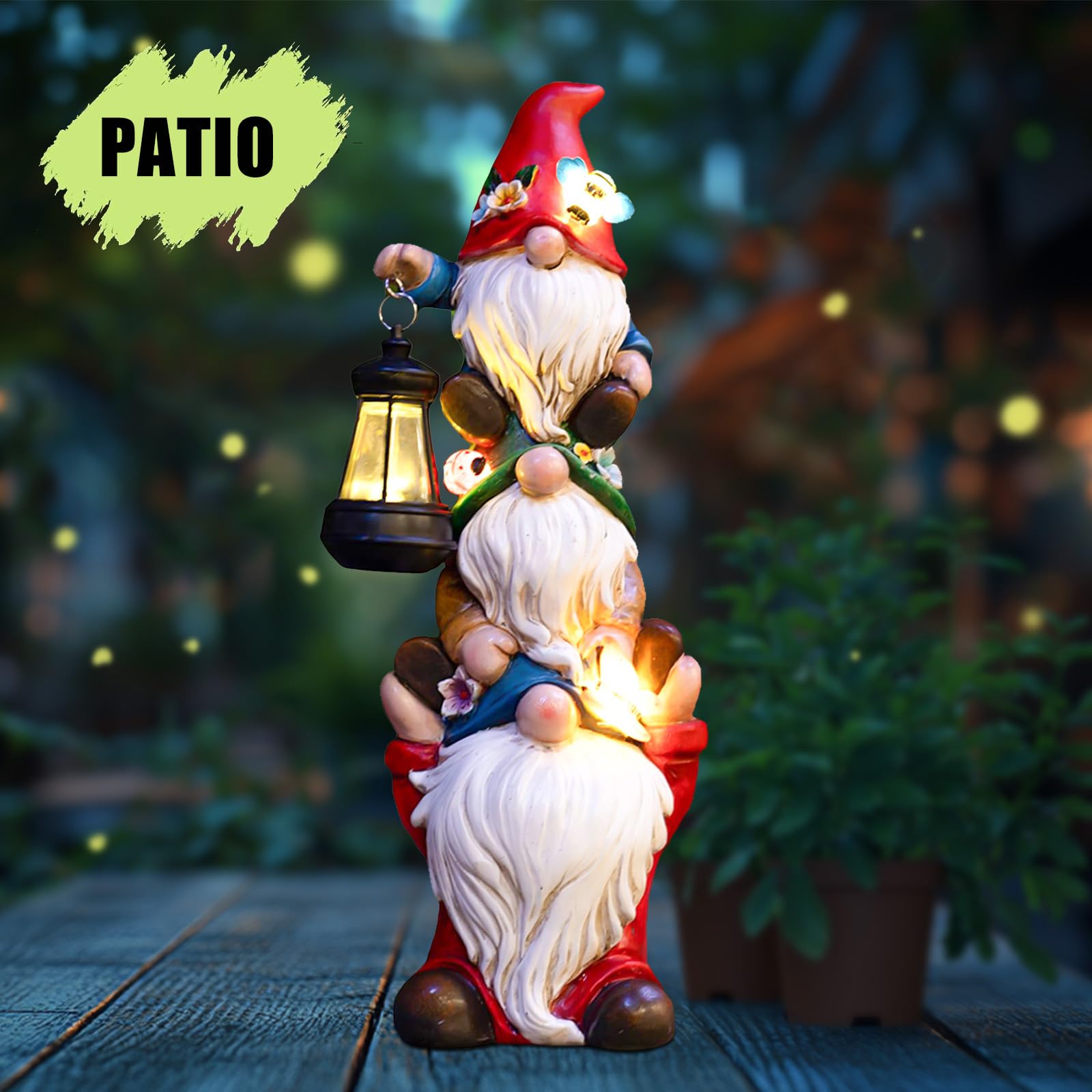 Solar-Powered Large Garden Gnome Statue - Funny Triple Gnome Outdoor Decor for Patio, Lawn, Yard & Balcony - 12 Inch Spring Gnomes Home Gift for Women & Mom - Perfect for Garden Parties & Outdoor Lighting