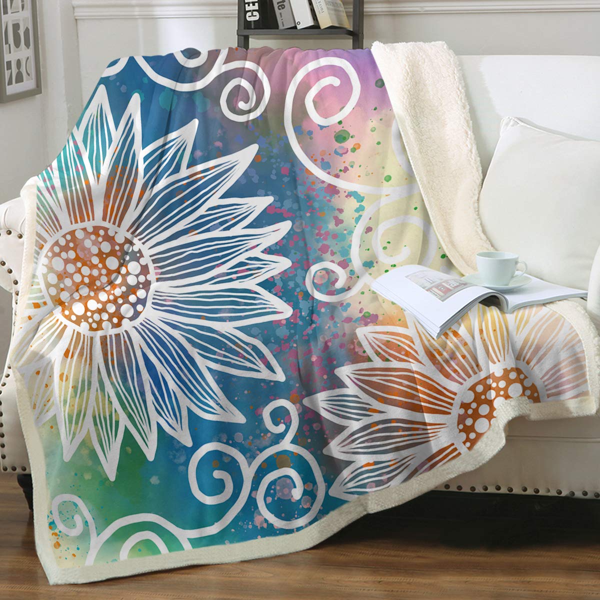 Boho Mandala Floral Fleece Blanket - Turquoise Teal Blue Bohemian Geometric Sherpa Throw - Luxury Plush Fuzzy Blanket for Couch, Sofa & Bed (60