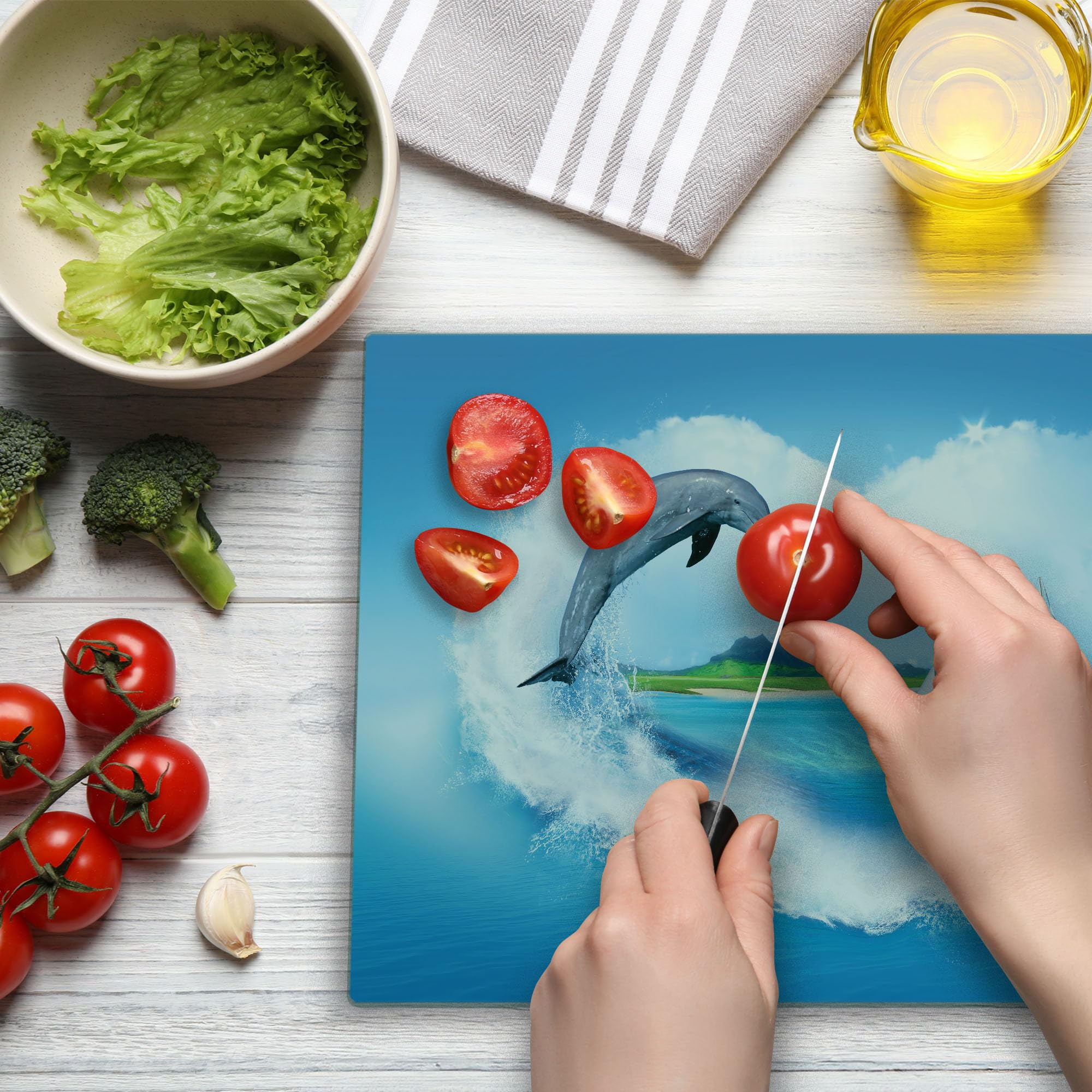 Lunarable Sea Animals Themed Heart-Shaped Tempered Glass Cutting Board - Large Blue & White Decorative Serving Board with Ocean Waves, Sailboats & Mountain Meadows Print - Perfect for Kitchen Prep, Charcuterie Display & Party Serving