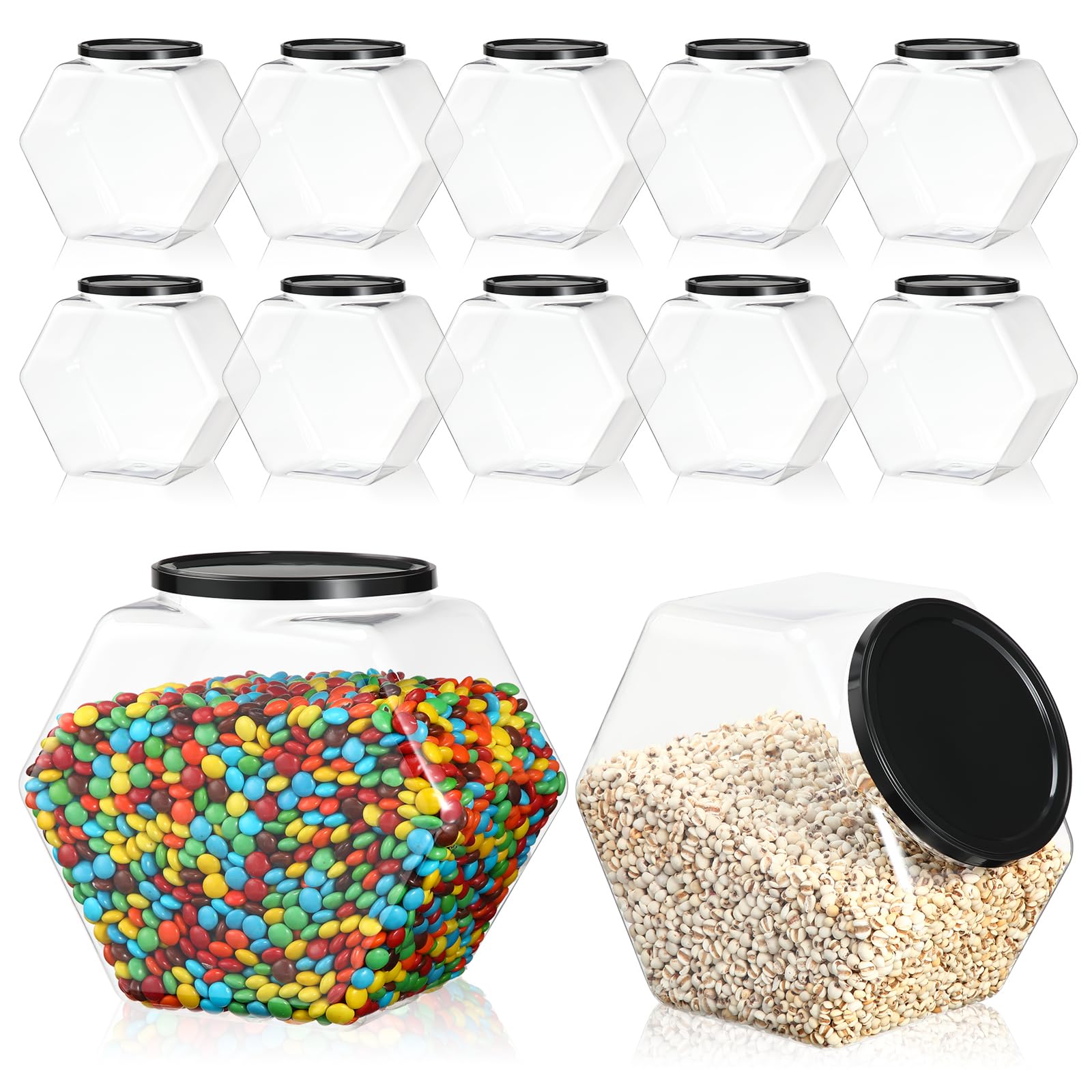 Dandat 12-Pack 73oz Clear Hexagon Plastic Candy Jars with Lids - Bulk Kitchen Storage Containers for Cookies, Snacks & Treats - Wide Mouth Candy Buffet Display Jars for Parties, Laundry Pods & Home Organization