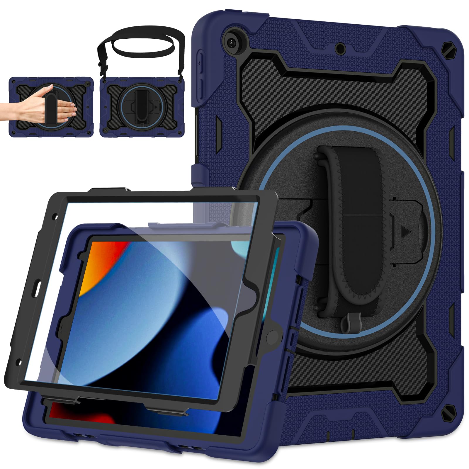 Shockproof iPad 10.2 Inch Case for Kids Boys - Compatible with iPad 9th/8th/7th Generation (2021/2020/2019) | Includes Screen Protector, Rotating Stand, Hand Strap, Shoulder Strap & Pencil Holder | Perfect for School, Travel & Outdoor Activities