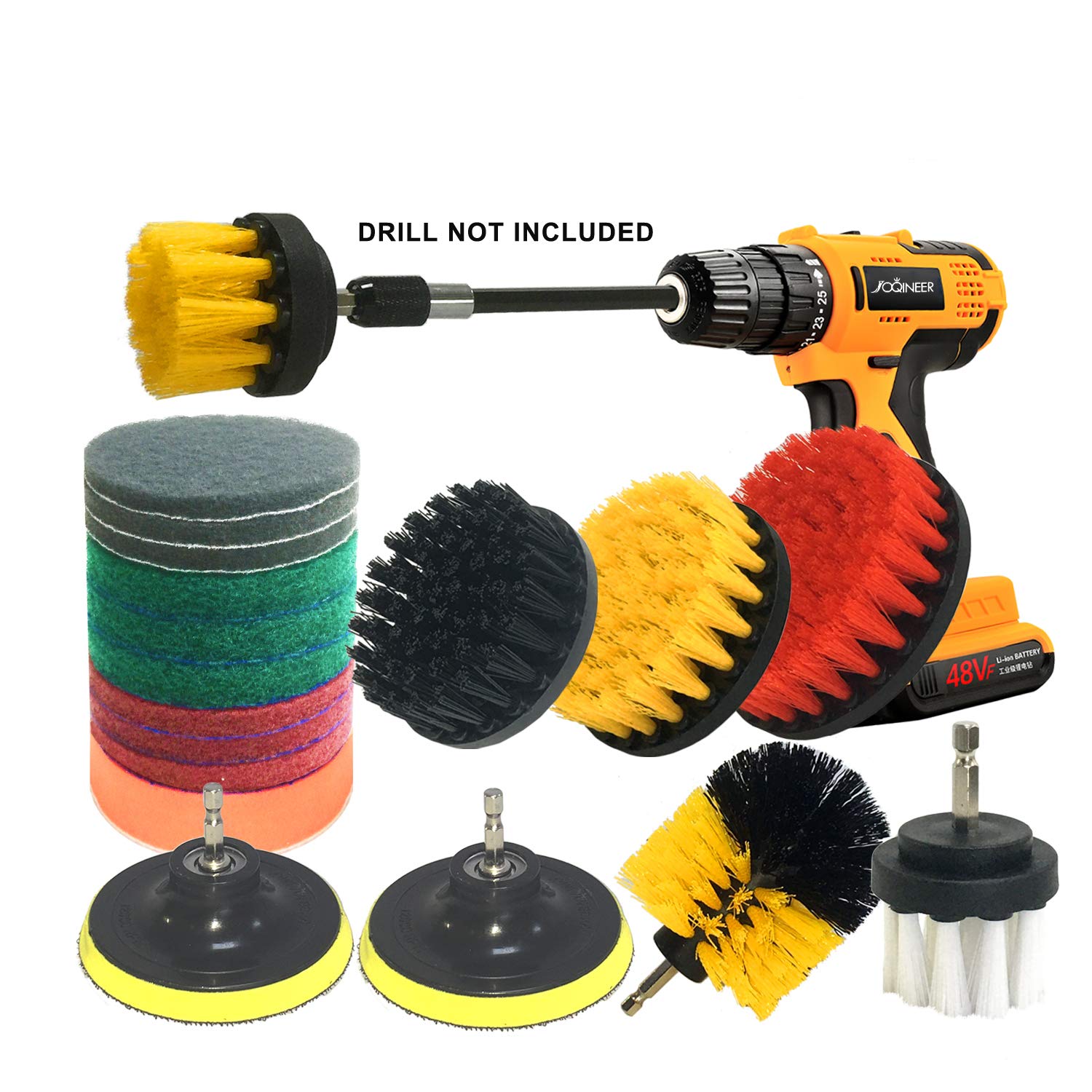 Power Scrubber Drill Brush Cleaning Kit - 20 Pack Heavy Duty Scouring Pads for Tile, Grout, Car Wheels, Bathroom & Kitchen - Extendable Long Handle Cleaner & Polisher for Pool, BBQ, and Tough Stains