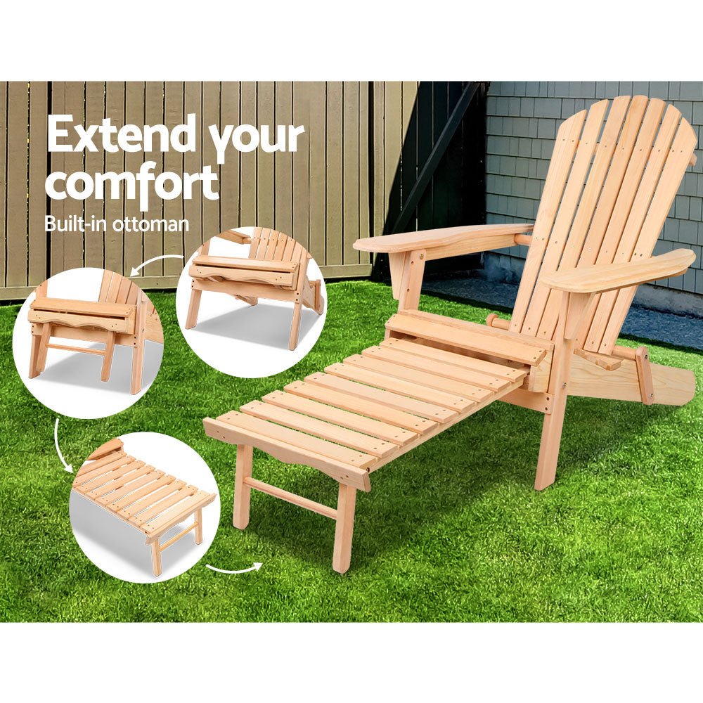 2-Piece Adirondack Outdoor Chairs Set - Natural Wood Patio Sun Loungers for Garden, Backyard, Poolside & Beach Relaxation