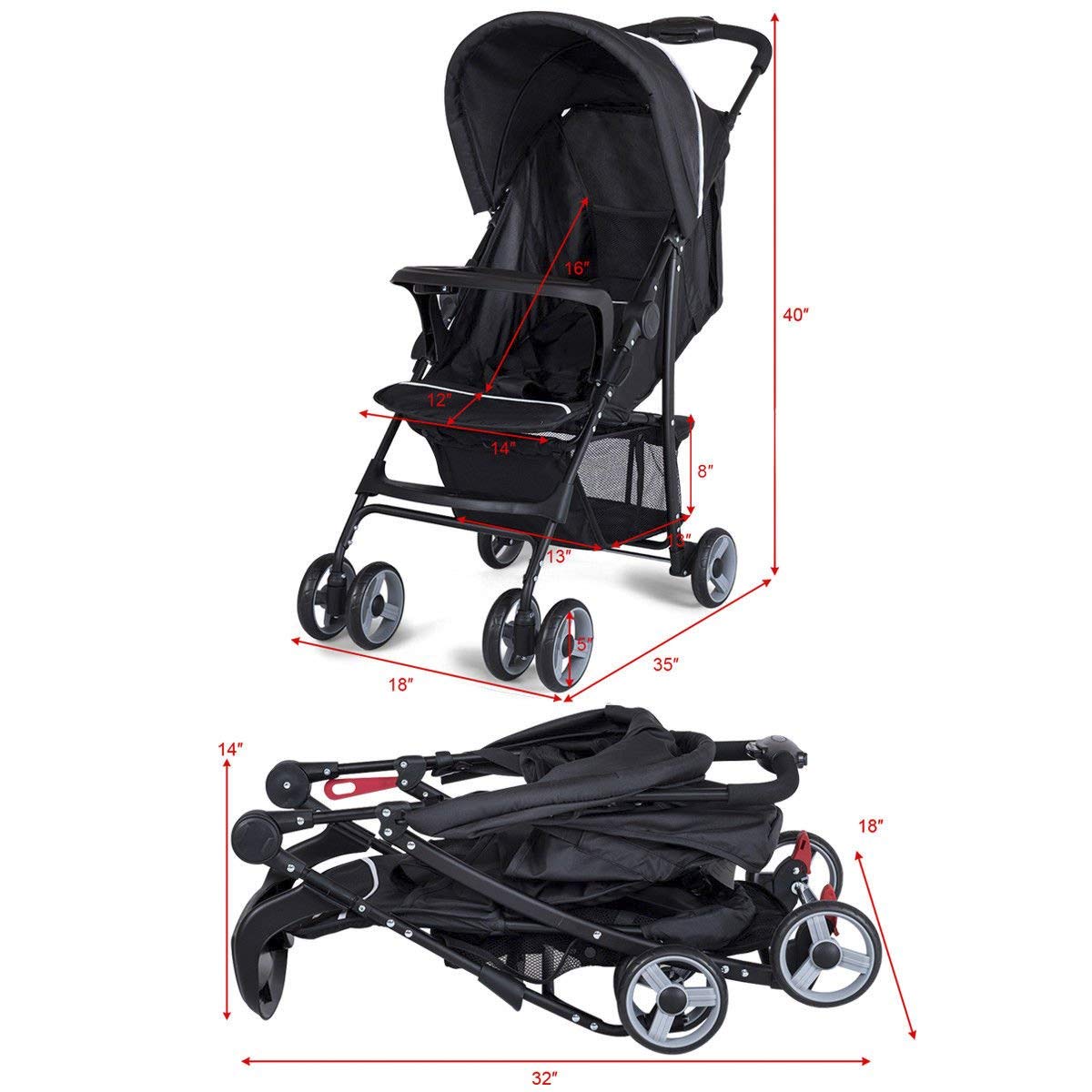 **Baby Joy Lightweight Compact Stroller for Toddlers & Infants - Adjustable Backrest, Footrest & Canopy, 5-Point Safety Harness, Storage Basket, Easy One-Hand Fold - Perfect for Airplane Travel, Shopping & Daily Walks (Black)**