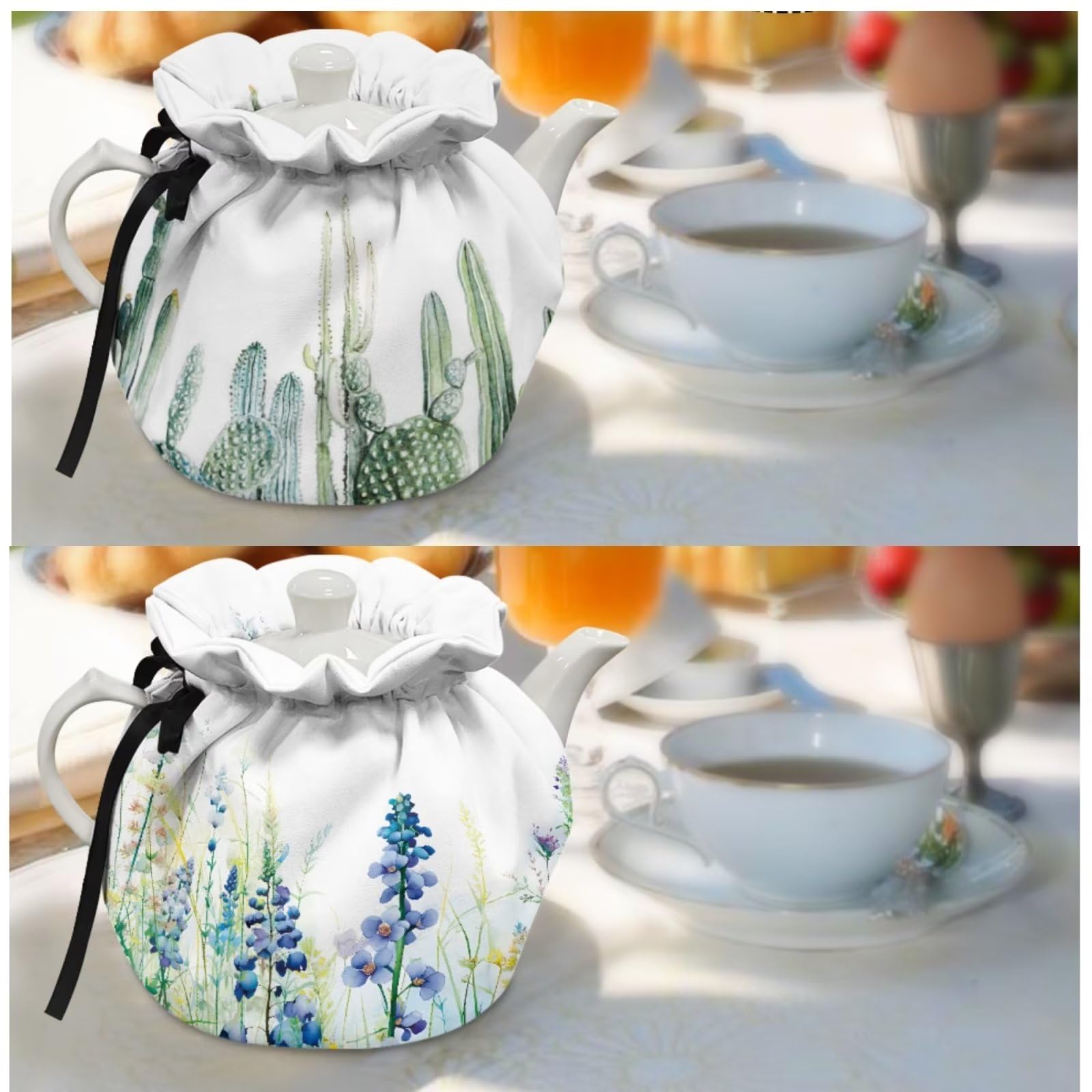 Insulated Tea Kettle Cover Set of 2 - Cactus & Purple Floral Print Teapot Cozy with Elastic Band for Heat Retention & Dust Protection | Perfect for Kitchen, Breakfast Tea Time & Home Decor