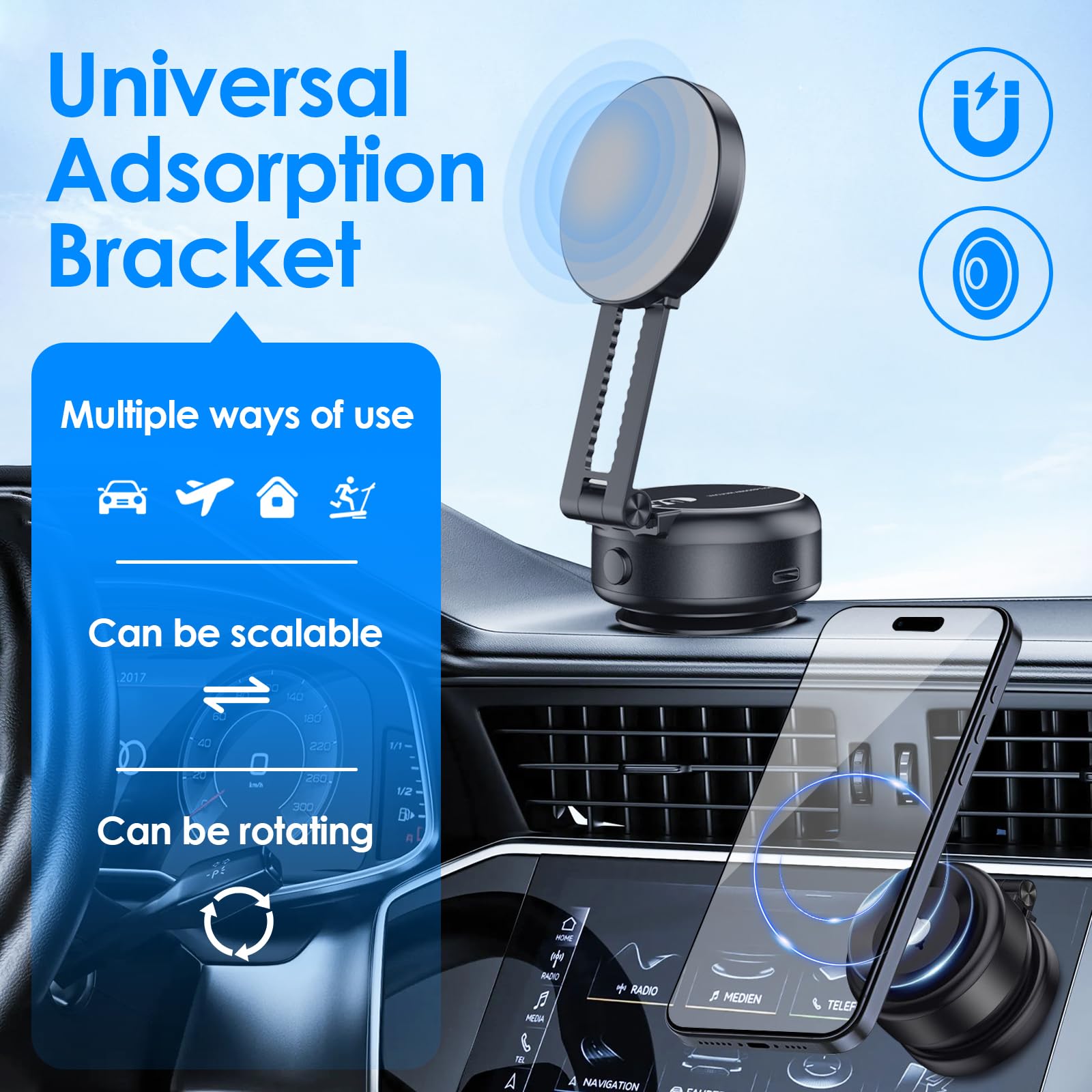 Nixiveofficial Magnetic Phone Holder for Car - Foldable Portable Vacuum Mount Cell Phone Stand for iPhone, Samsung, Pixel - Strong Adhesion on Dashboard, Desk, Office - Perfect Gift for Drivers (Black) | Hands-Free Navigation & Safe Driving Accessory
