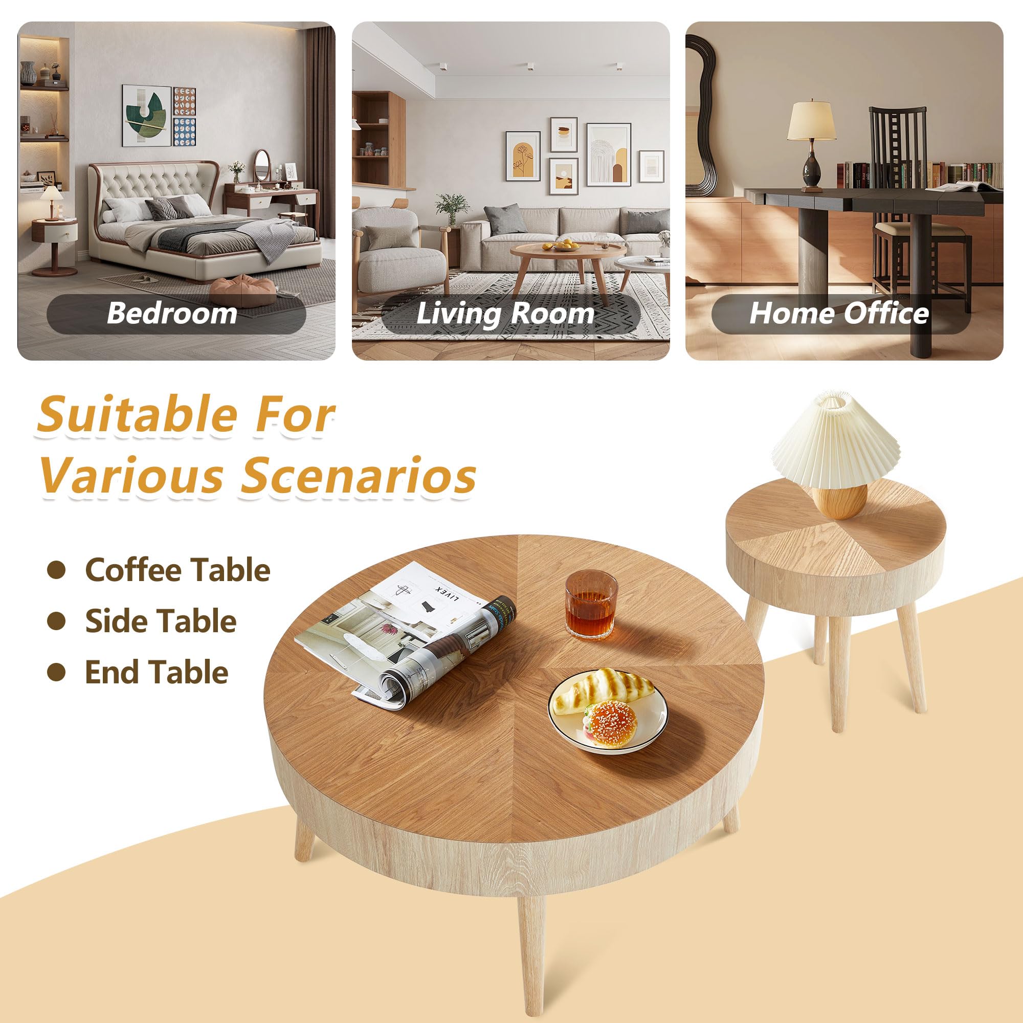 AVZEAR 2-Piece Round Nesting Coffee Table Set - Modern Farmhouse Style, Natural Wood Side Tables for Living Room, Bedroom, Office & Cafe - Perfect for Small Spaces & Boho Decor